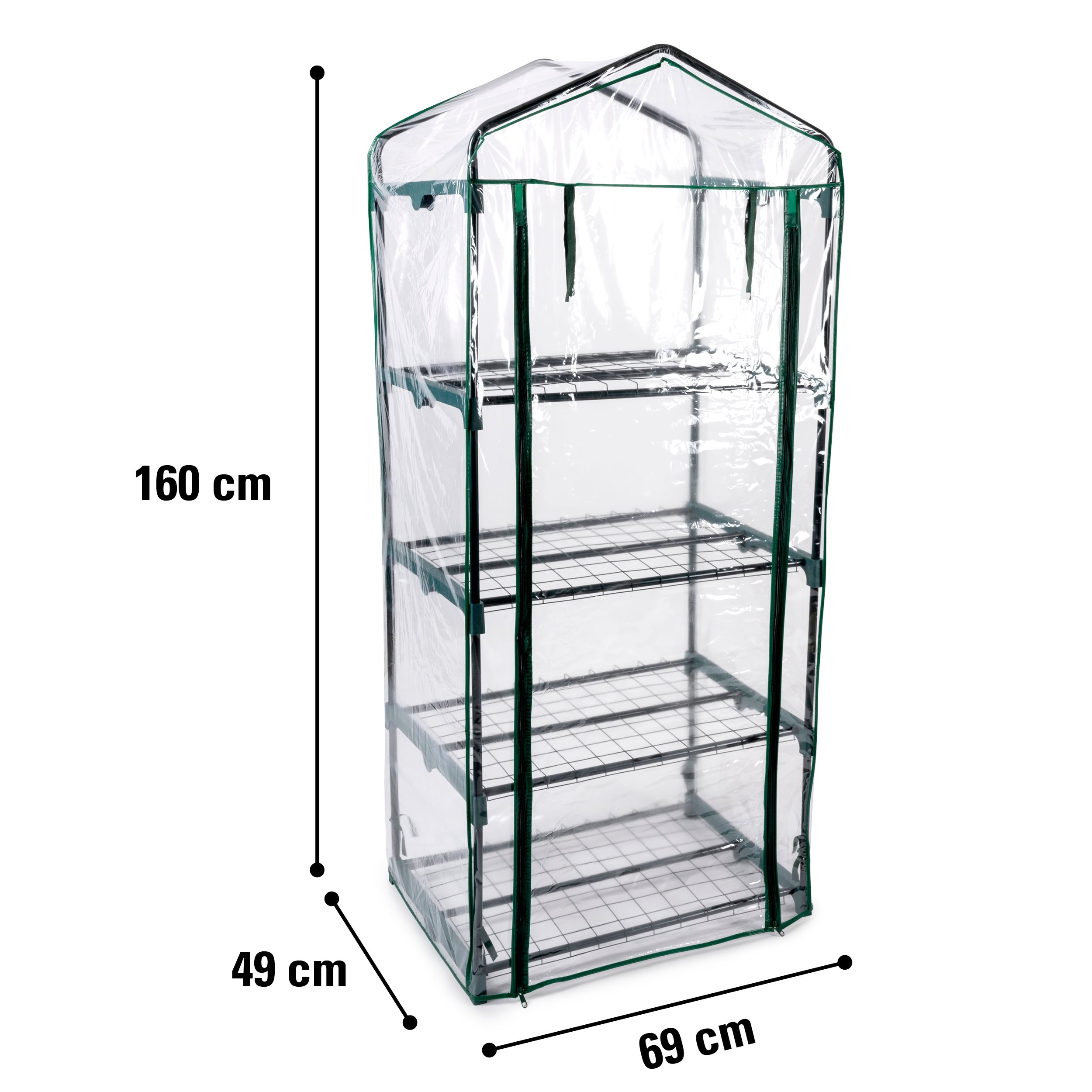 Groene kas. Groene plastic hoes over metalen frame. Meet 160 cm hoog, 49 cm breed en 69 cm lang.