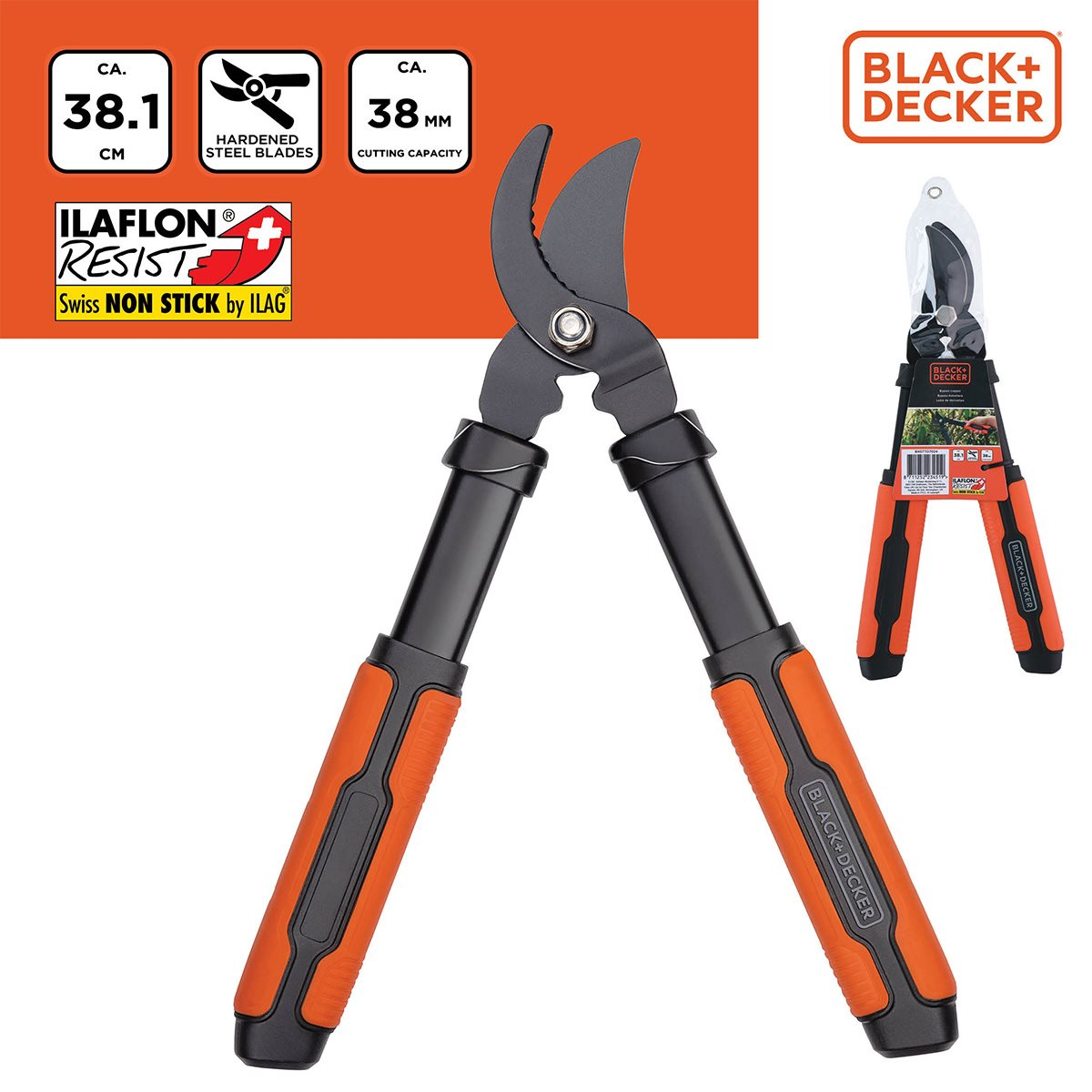 Zwarte en oranje schaar met stalen messen. Black+Decker logo zichtbaar.
