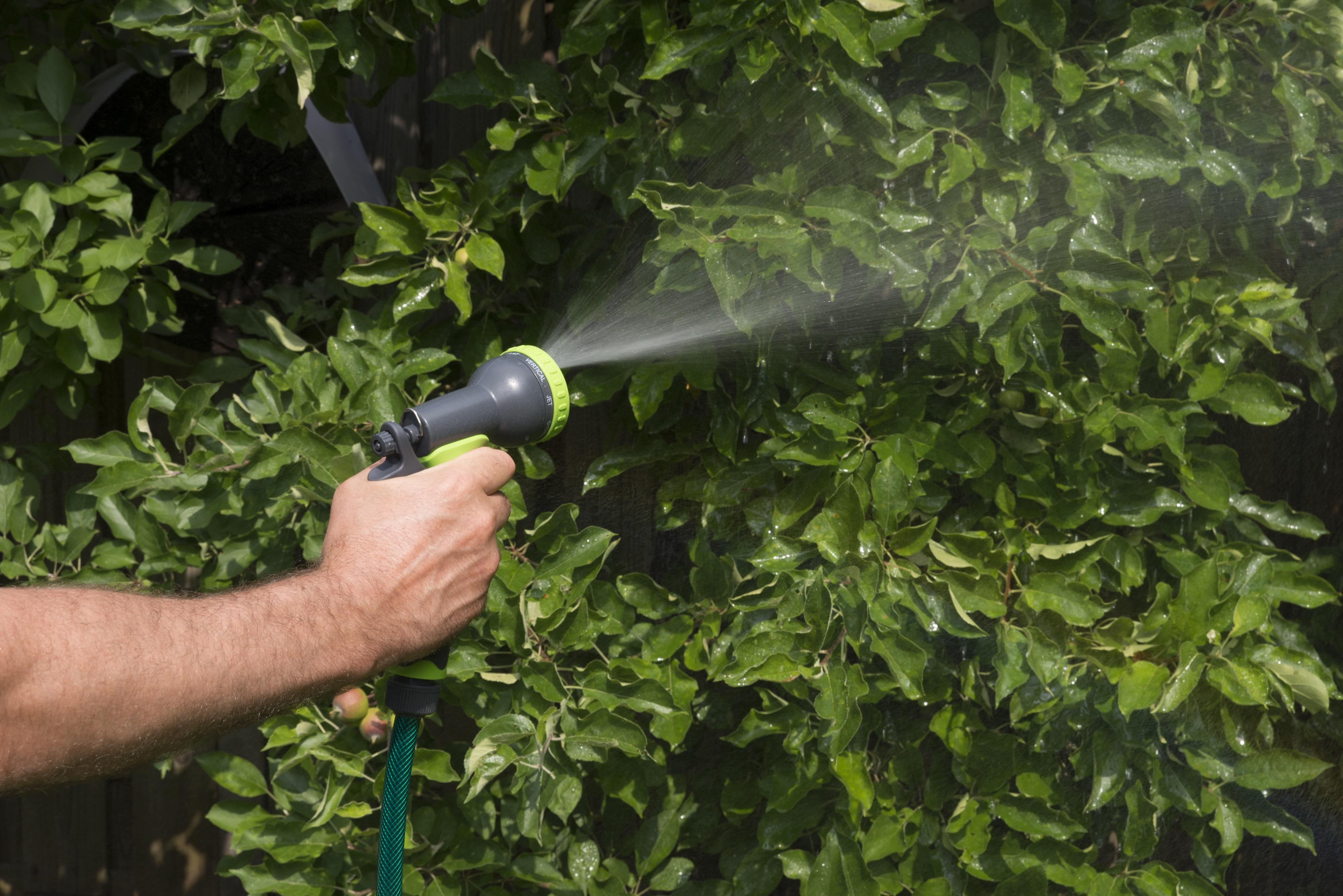 Een persoon spuit een slang op groen gebladerte. De spuitmond is groen en de handgreep is zwart.