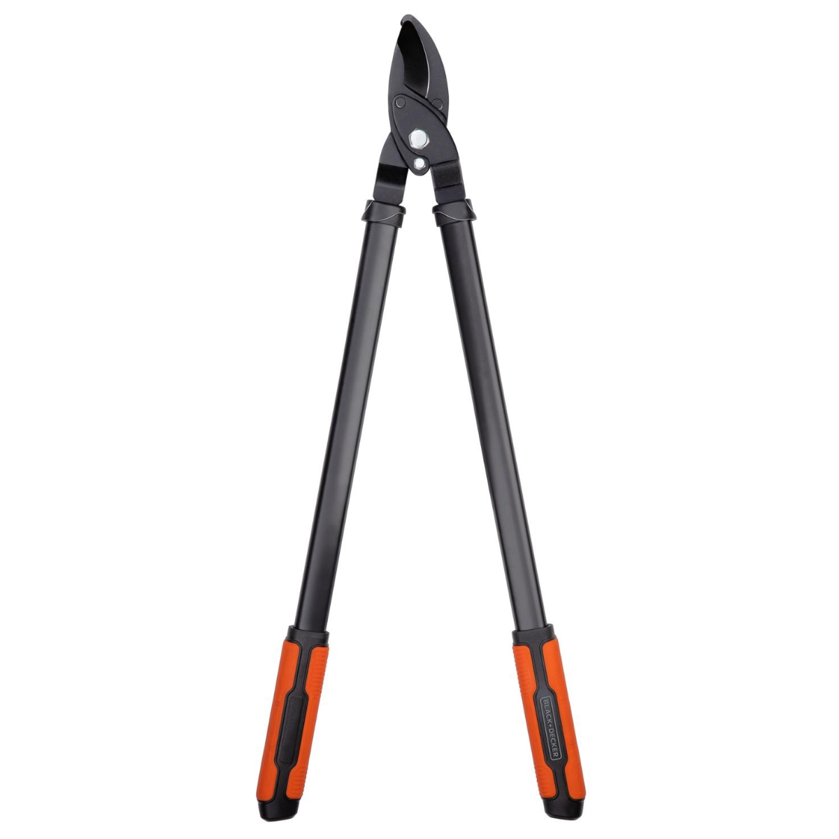 Large black and orange loppers. Handles are black, blades are black, and the grips are orange.