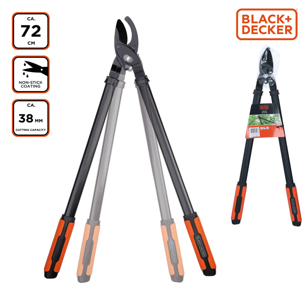 Black and orange hedge shears. Black+Decker logo. Text in Dutch.