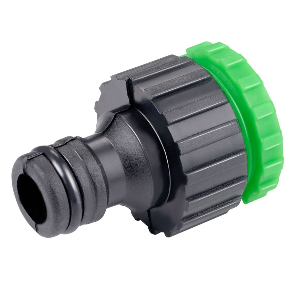Zwarte en groene slangconnector. Groene ring aan het uiteinde. Zwarte behuizing, groen detail.