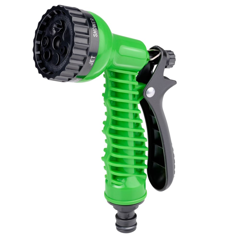 Een groene tuinslangspuit wordt getoond. Het heeft verschillende sproei-instellingen en een zwarte handgreep.