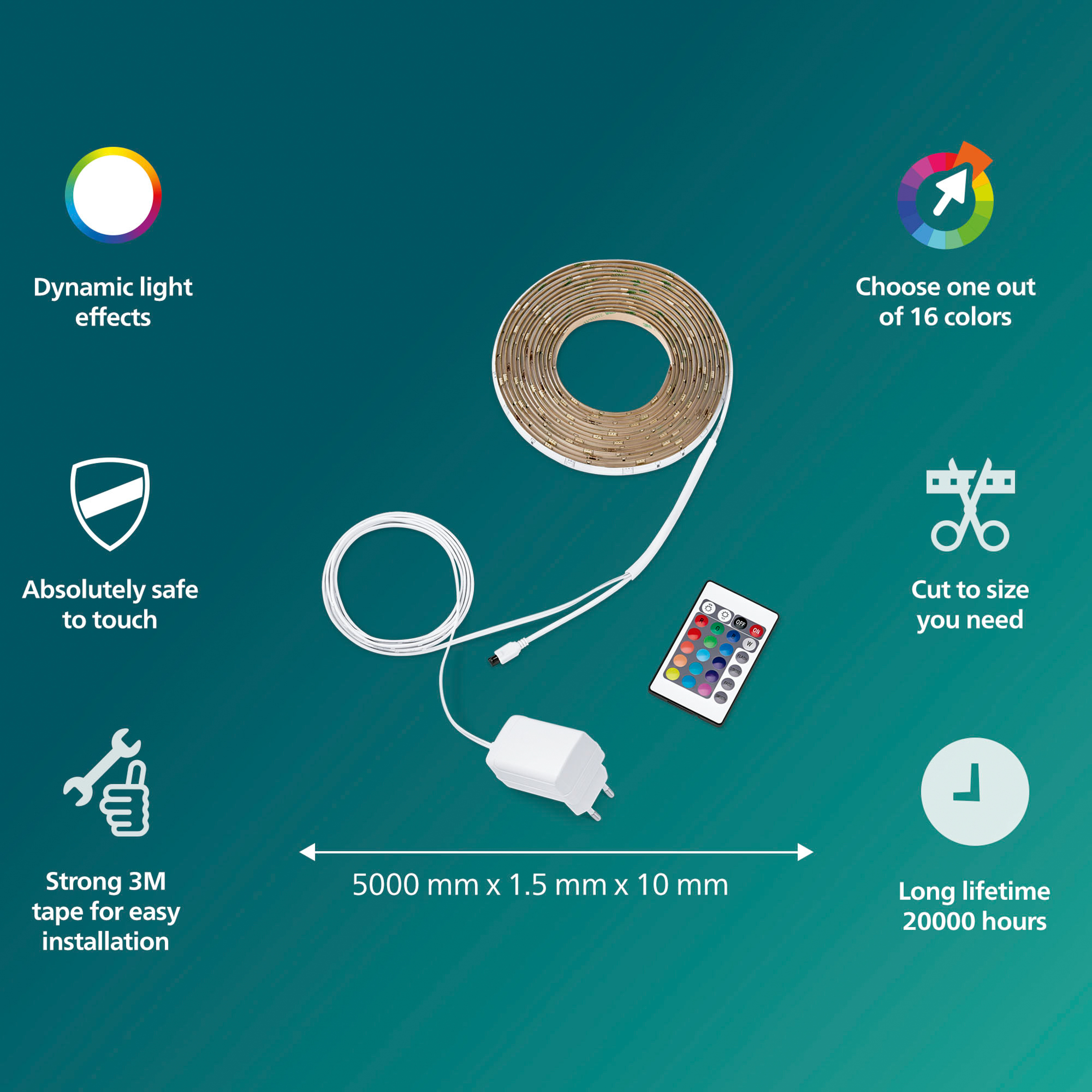 Een diagram met details over LED-strips, een afstandsbediening en voedingscomponenten op een witte achtergrond.