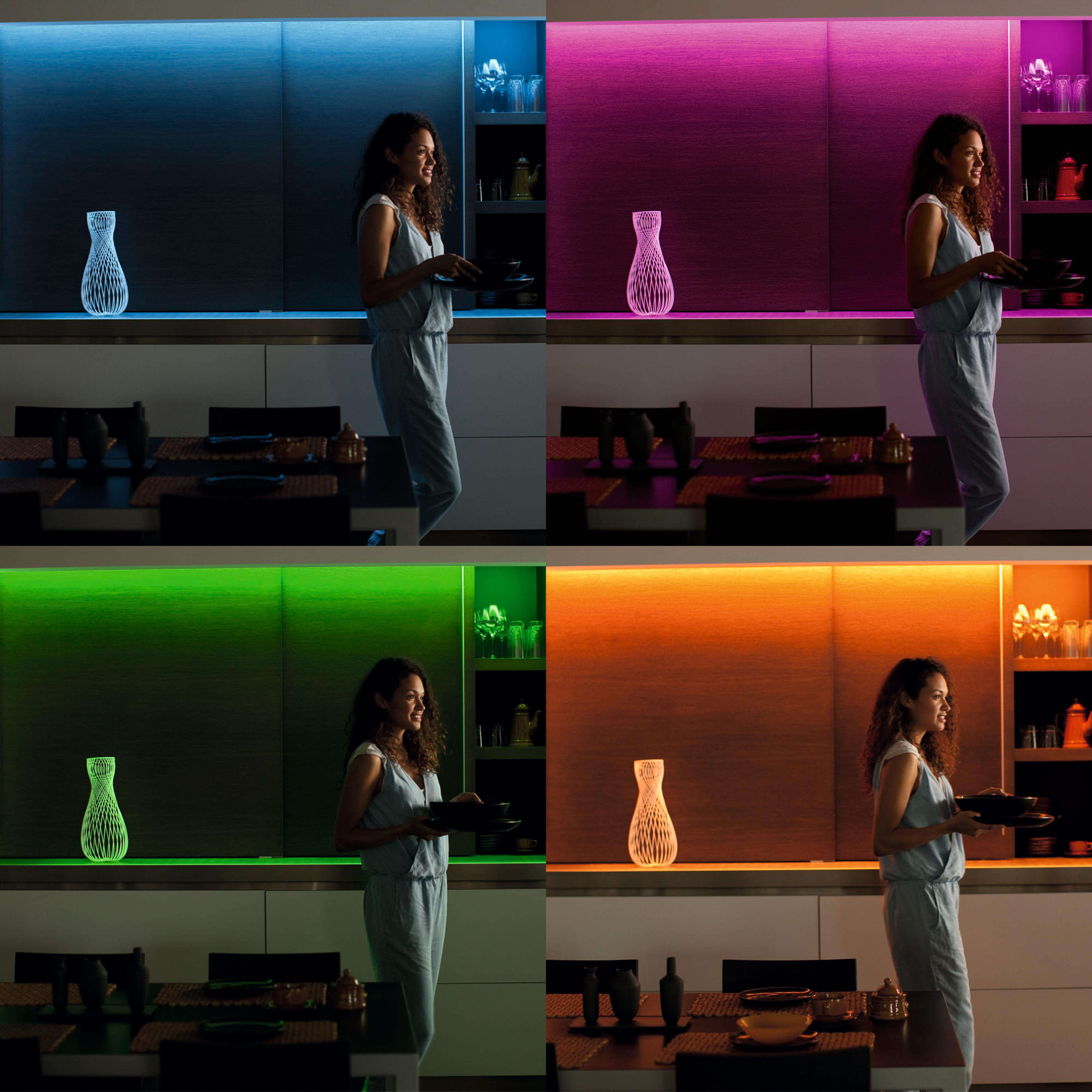 Vrouw in een keuken met veranderende LED-verlichting, die verschillende kleuropties laat zien.