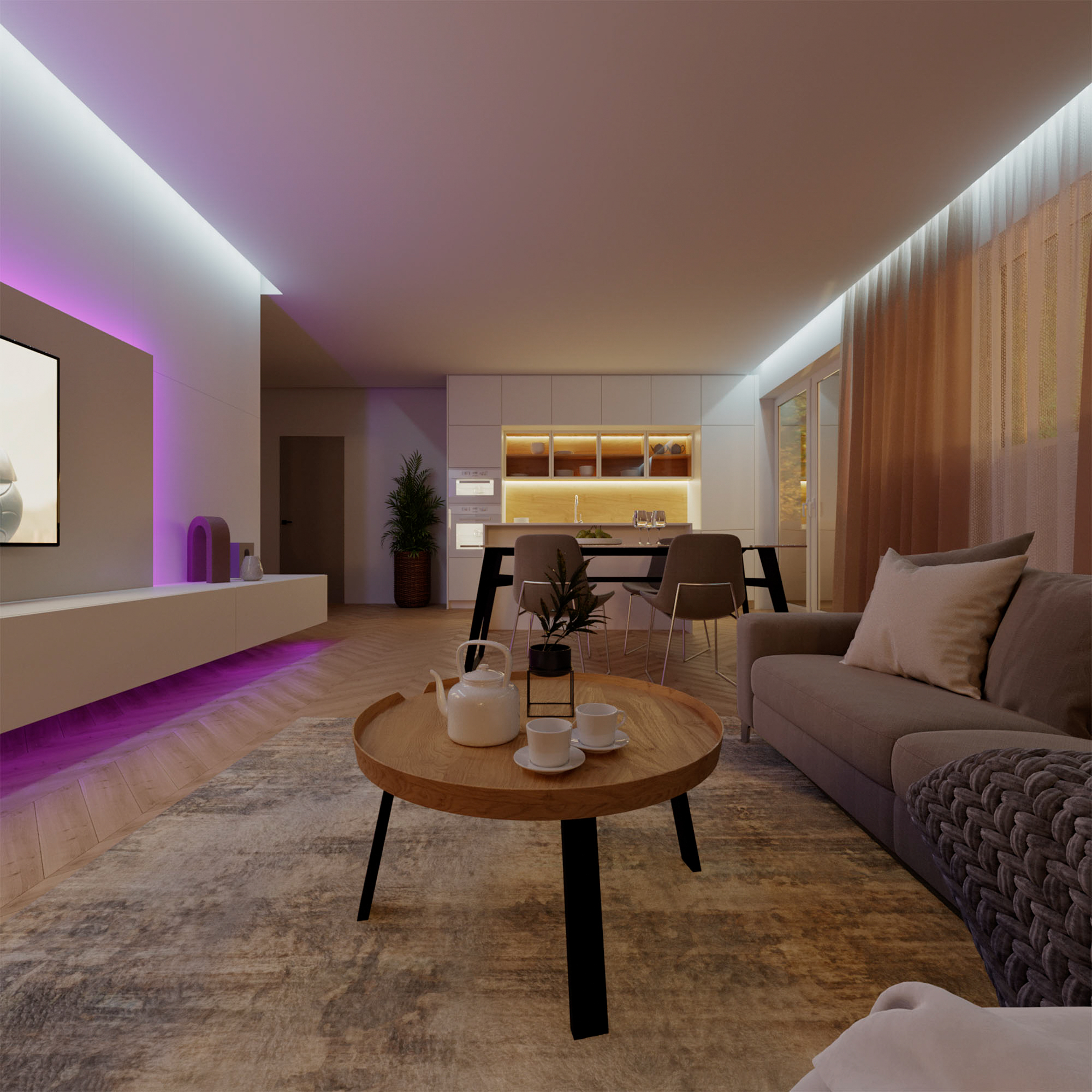 Een moderne woonkamer met houten vloer, een ronde salontafel en een bank. Keuken op de achtergrond.