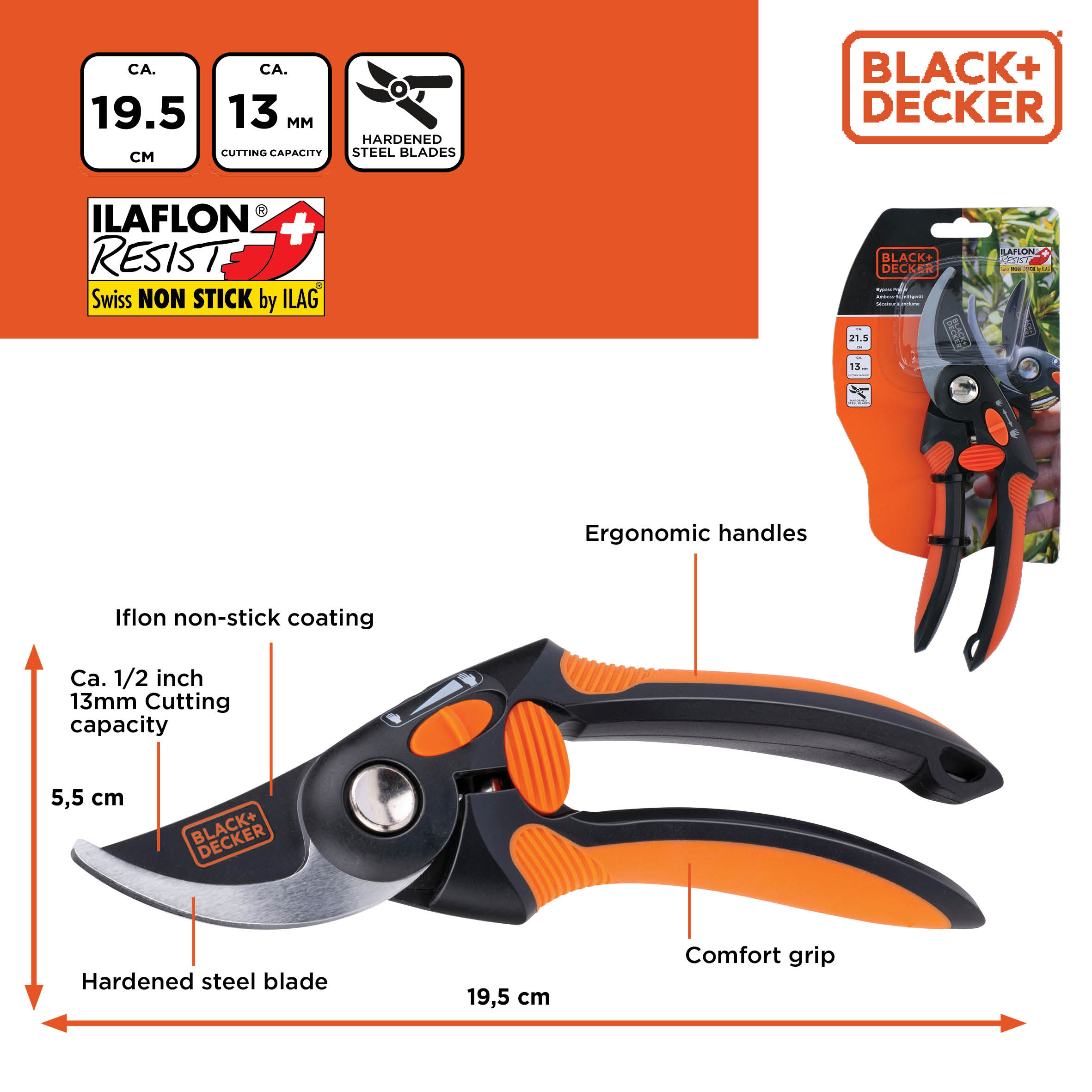 Zwarte en oranje snoeischaar. Met ergonomische handgrepen en een antiaanbaklaag.