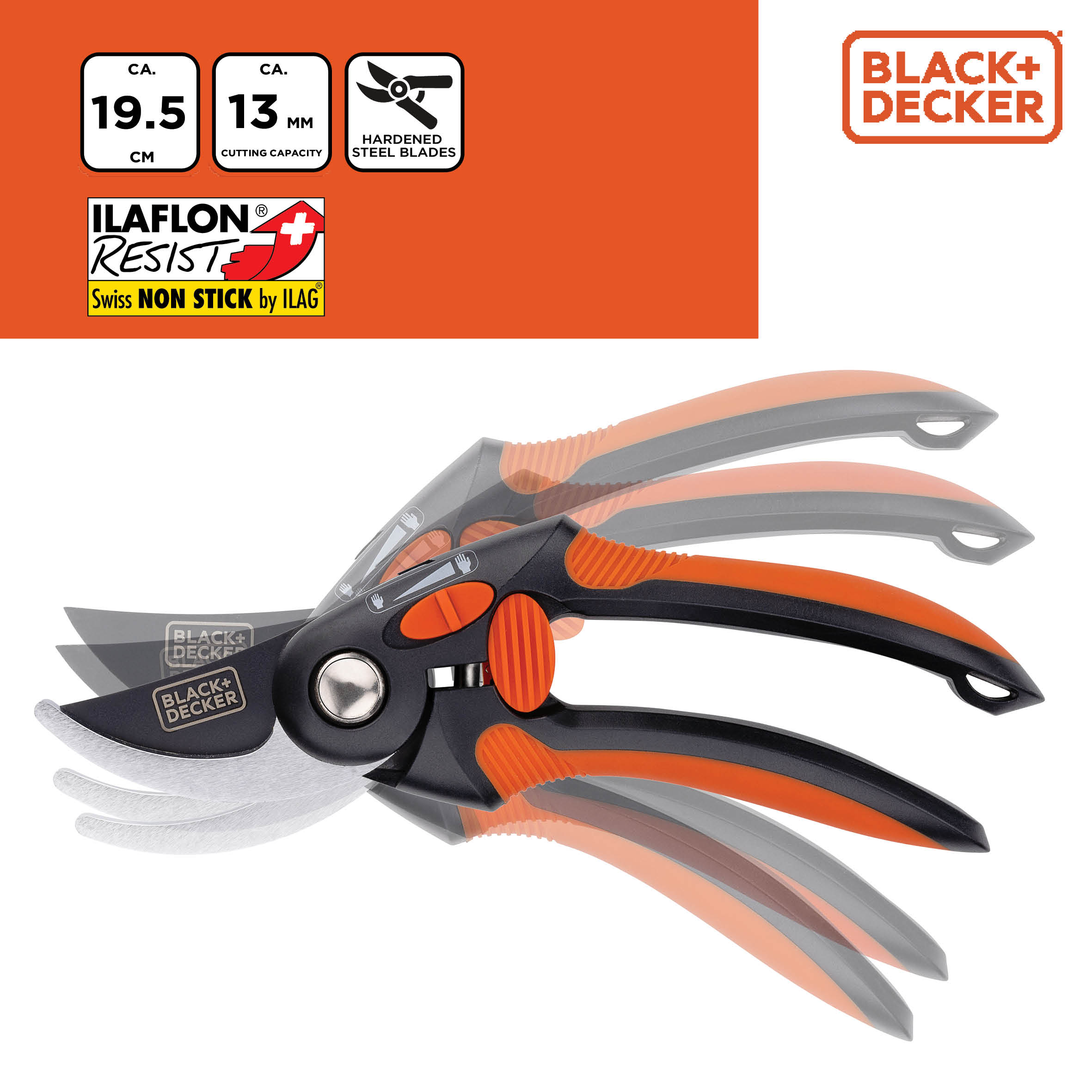 Zwarte en oranje schaar in beweging, met Black+Decker logo.