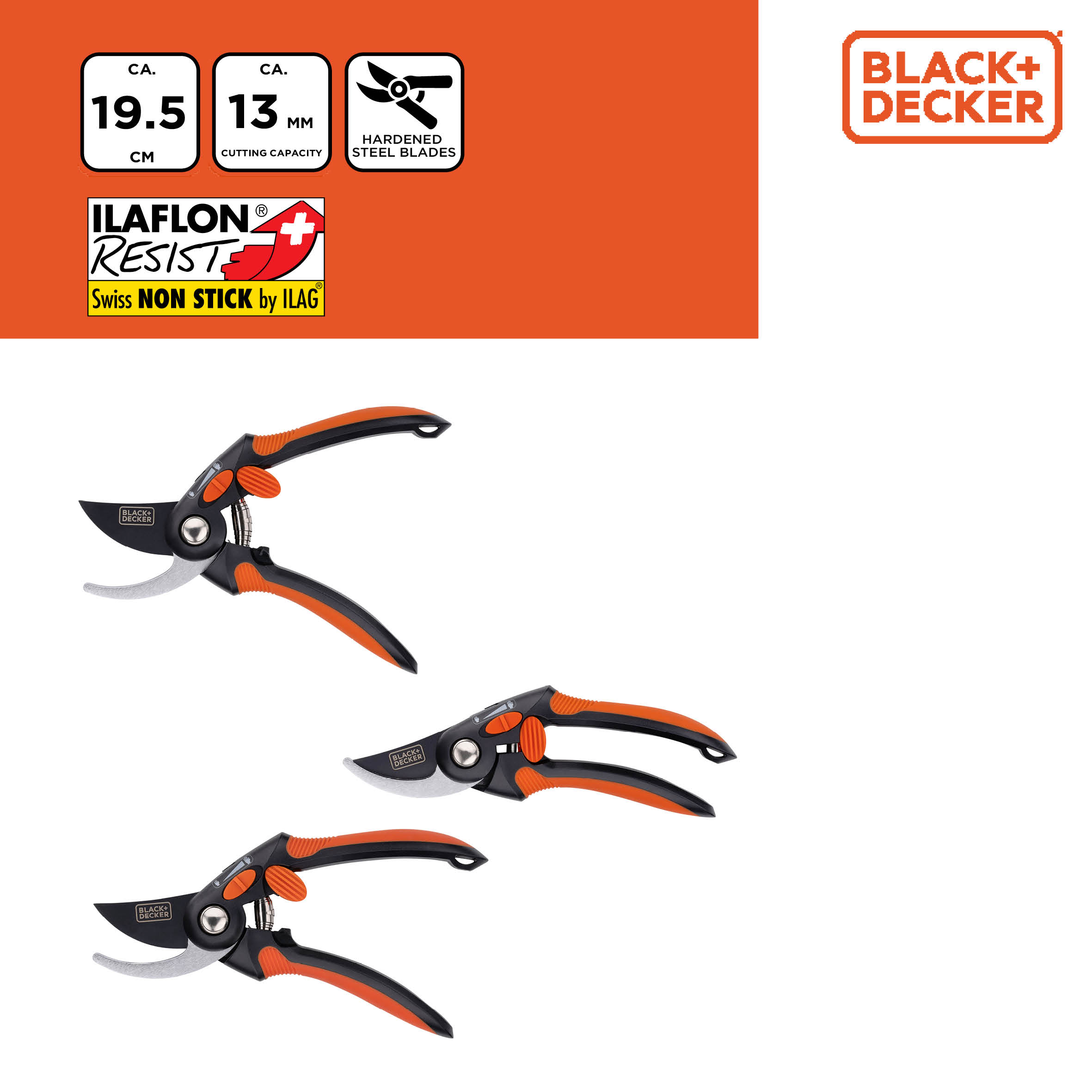 Drie zwart-oranje snoeischaren, merk Black+Decker, met specificatielabels.