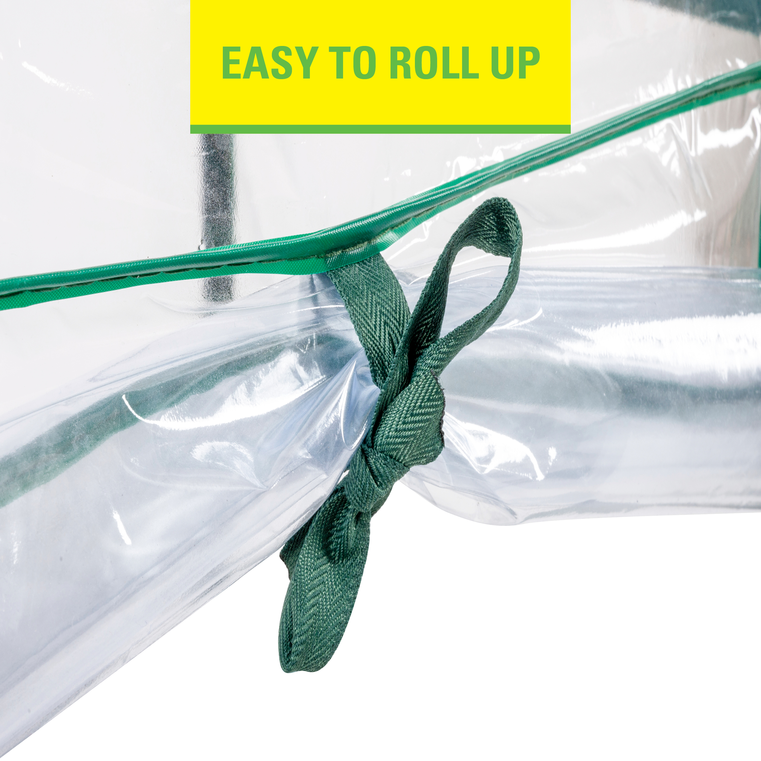 Groen lint omgerold transparant plastic. Gele tekst: Gemakkelijk op te rollen.
