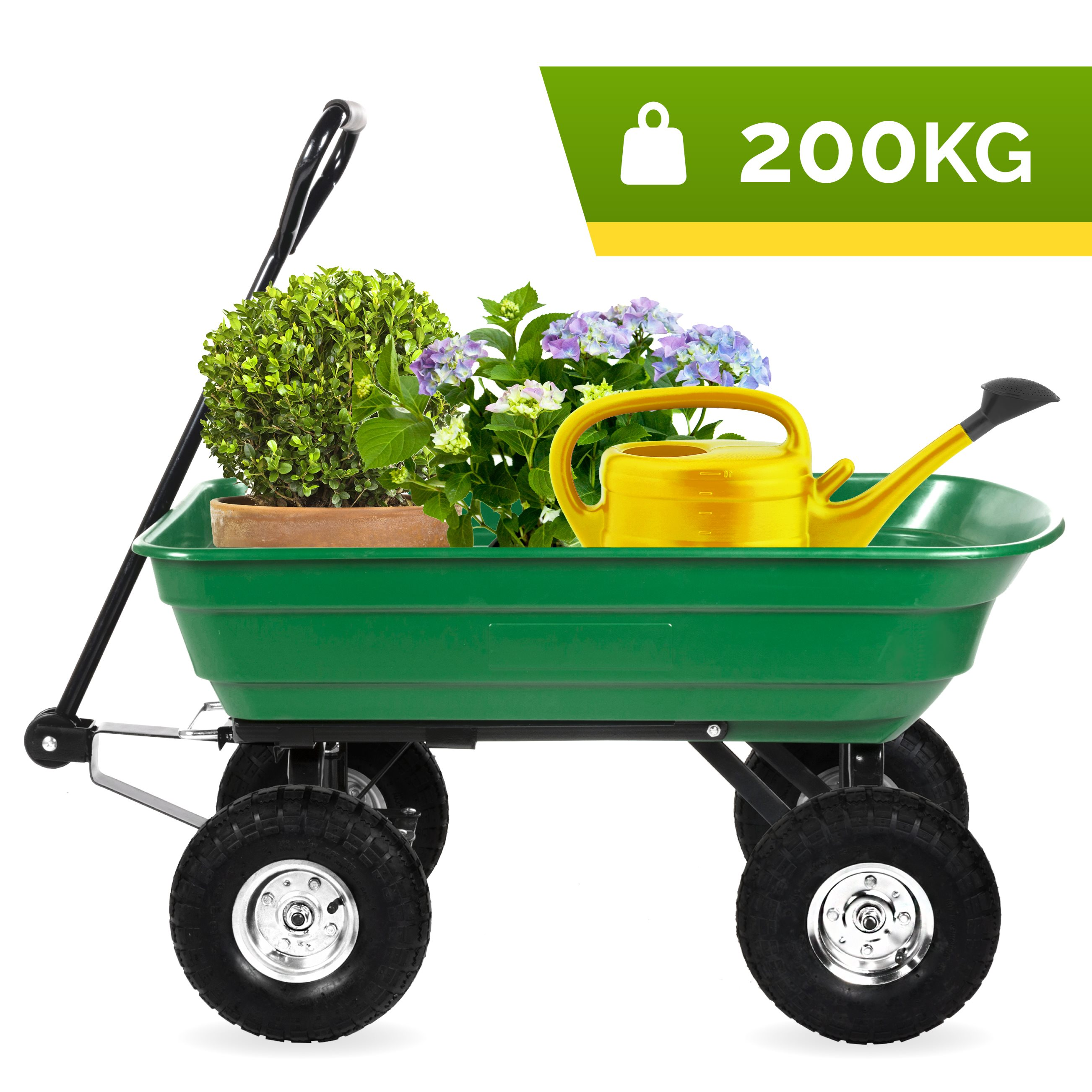 Groene tuinkar met bloemen, een gieter en een plant.
