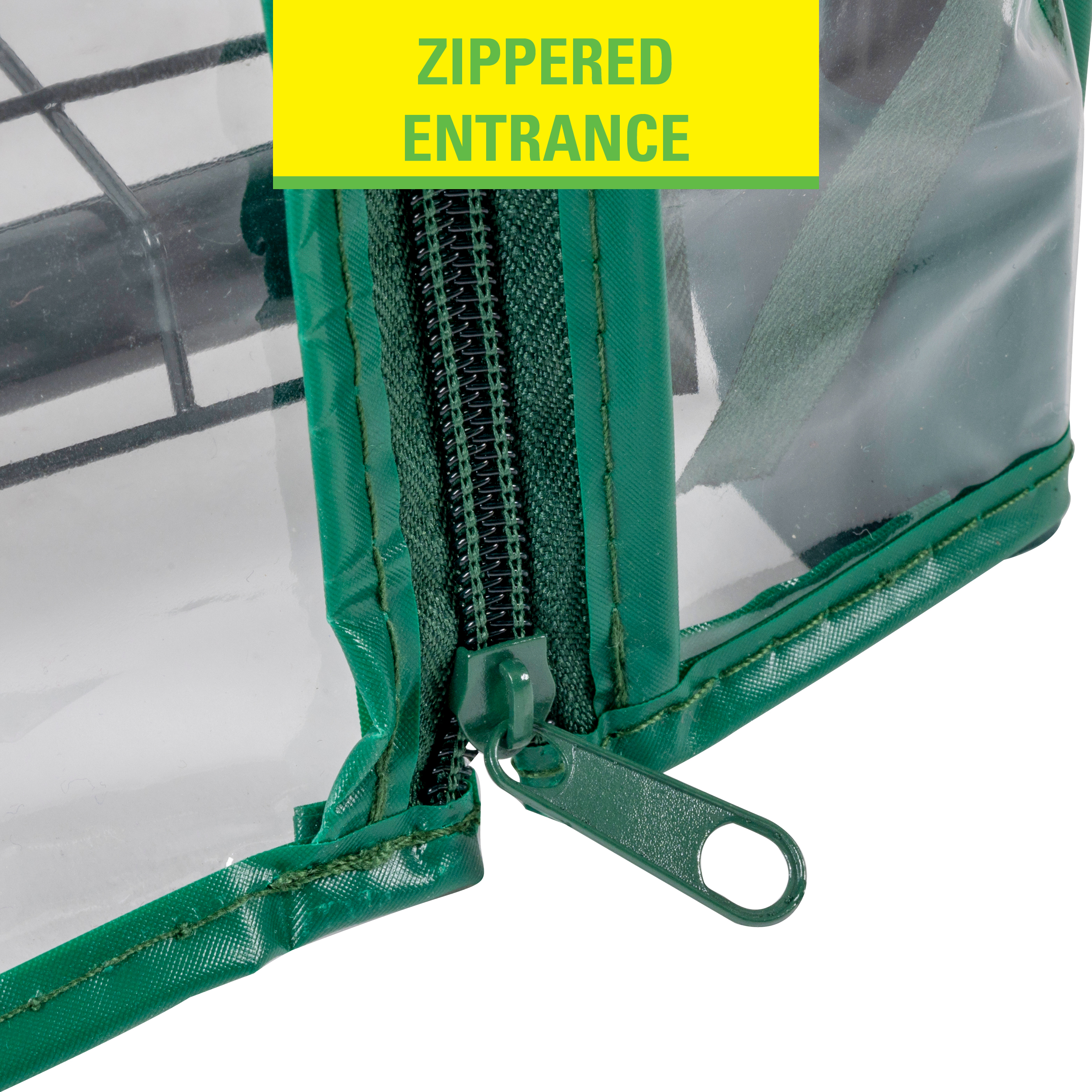 Een close-up van een doorzichtige plastic kas met een groene rits.
