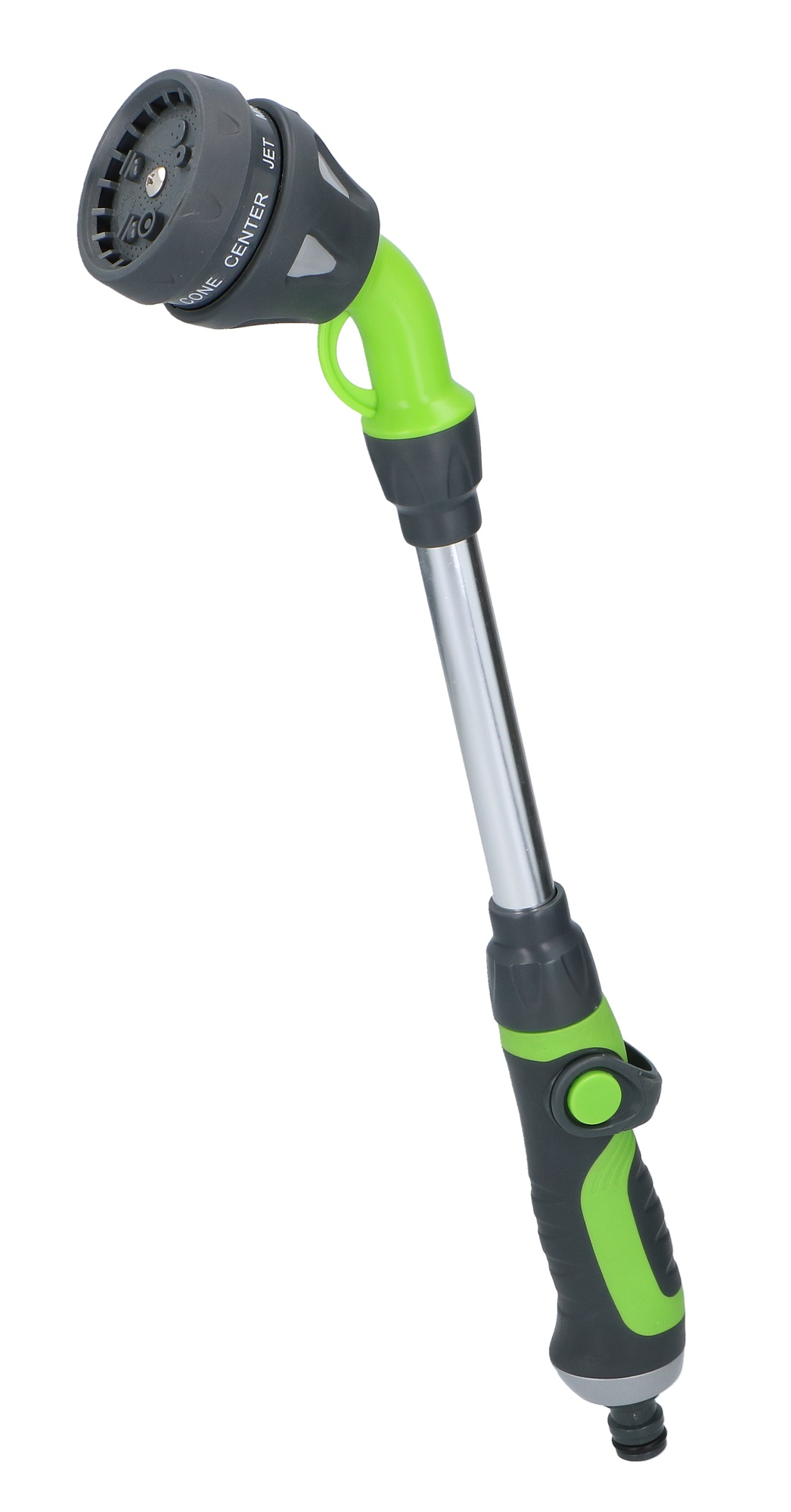 Een groene en grijze tuinslangmond. Het heeft een handvat en een kop met verschillende sproeistanden.