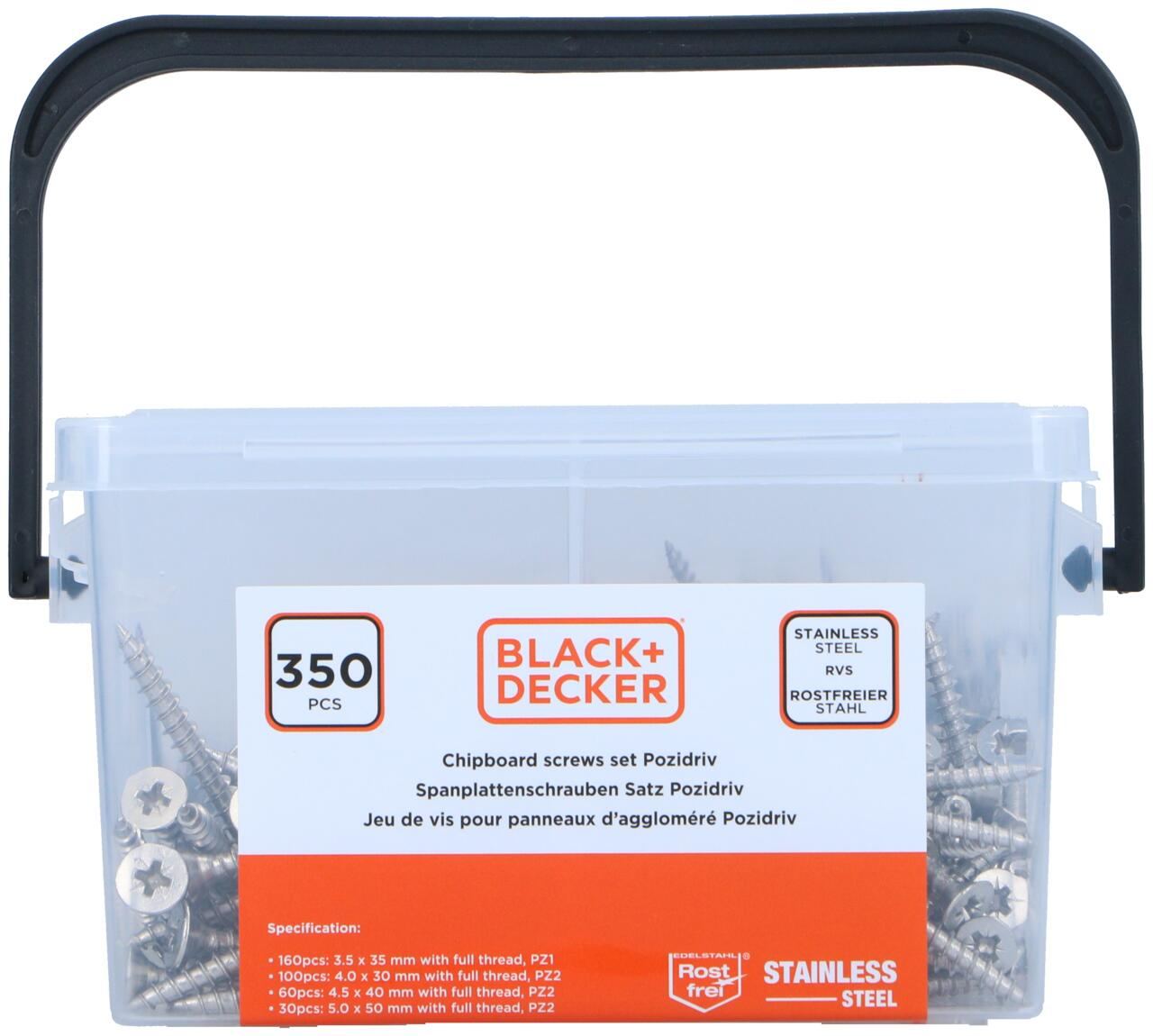 BLACK+DECKER spaanplaatschroeven in een doorzichtige plastic doos. Label: 350 STUKS. Roestvrij staal.