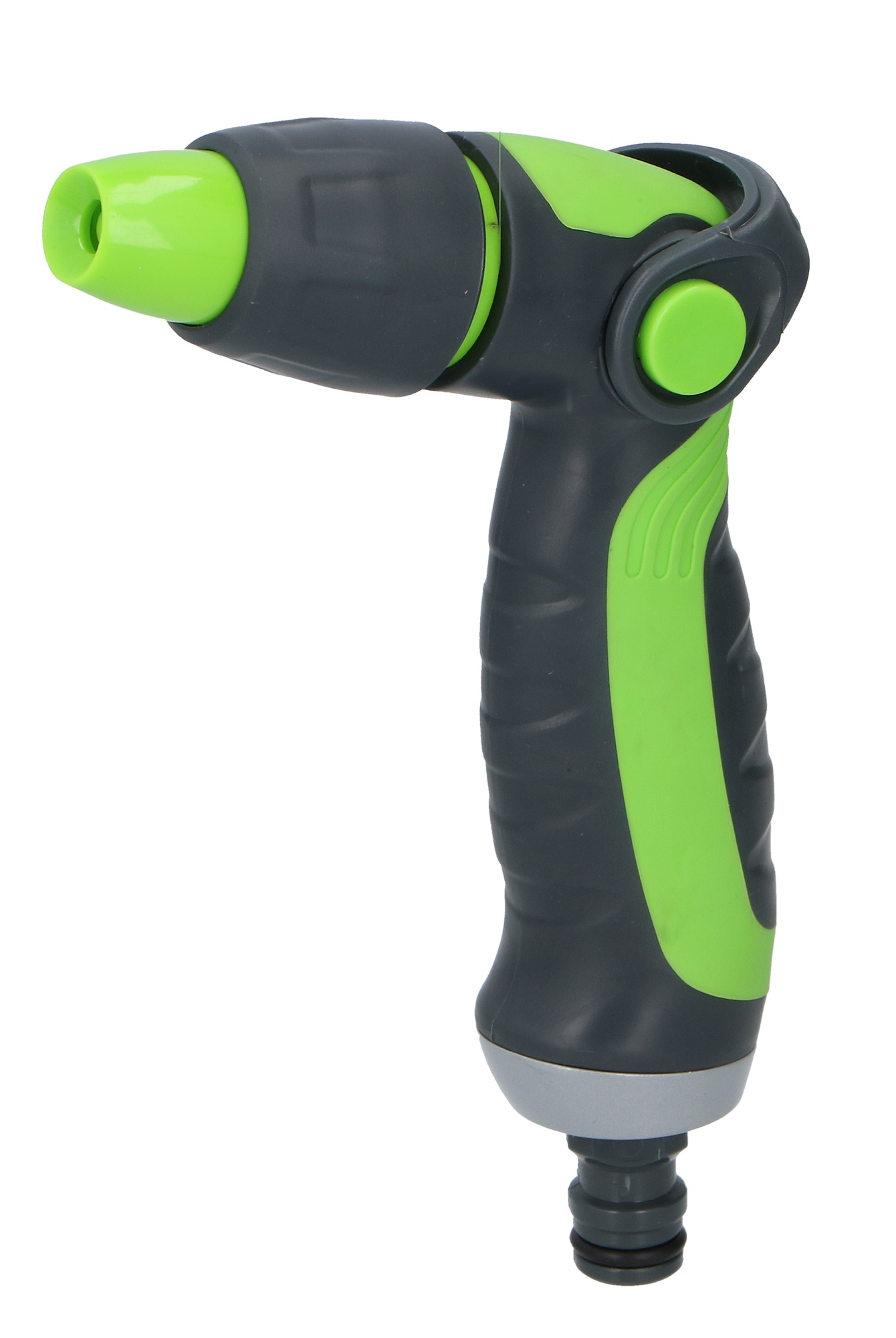 Een groen en grijs sproeimondstuk, naar links gehoekt, met een groene spuitmond en een handgreep.
