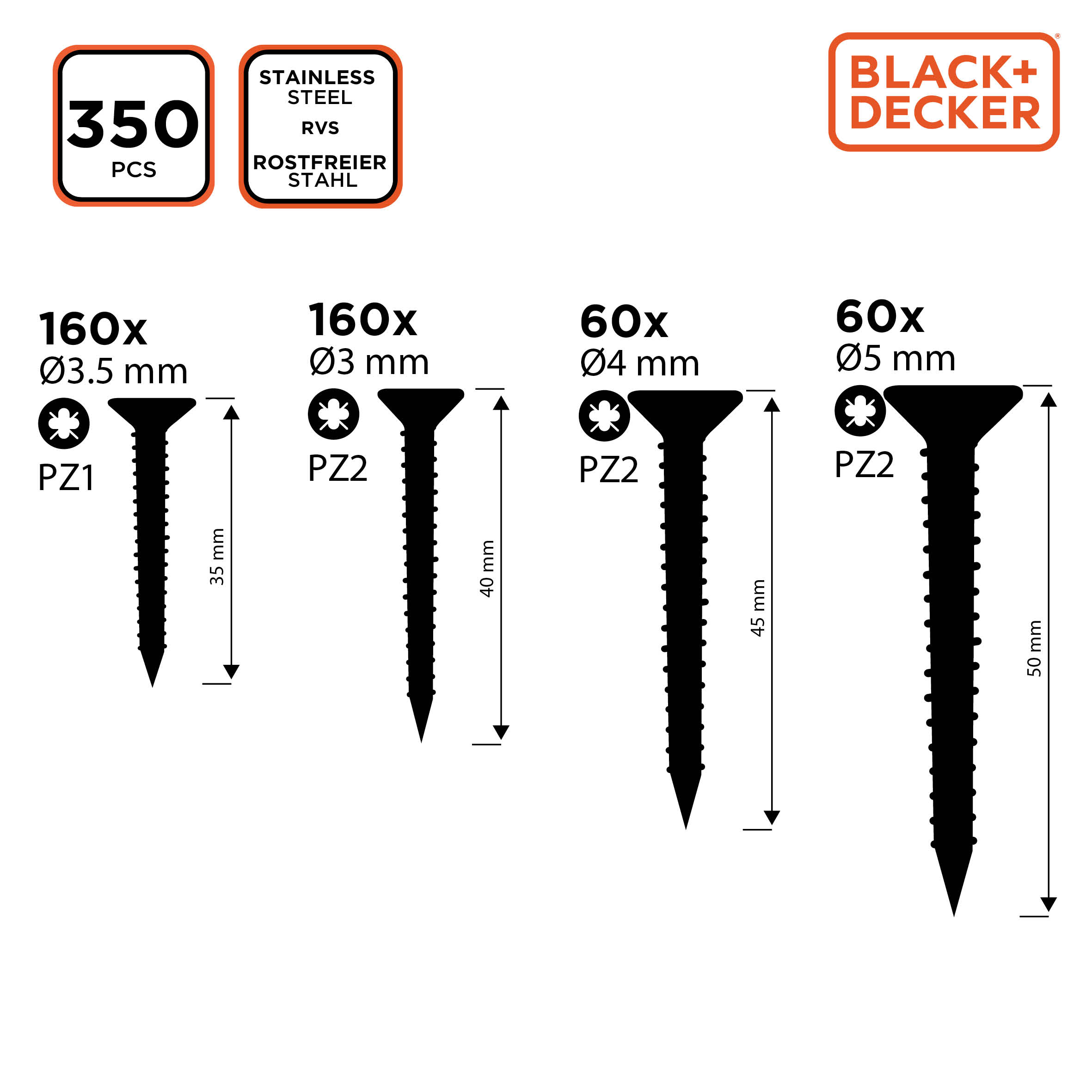 Black+Decker schroeven van verschillende maten. Inclusief tekst met de schroefmaten en aantallen.