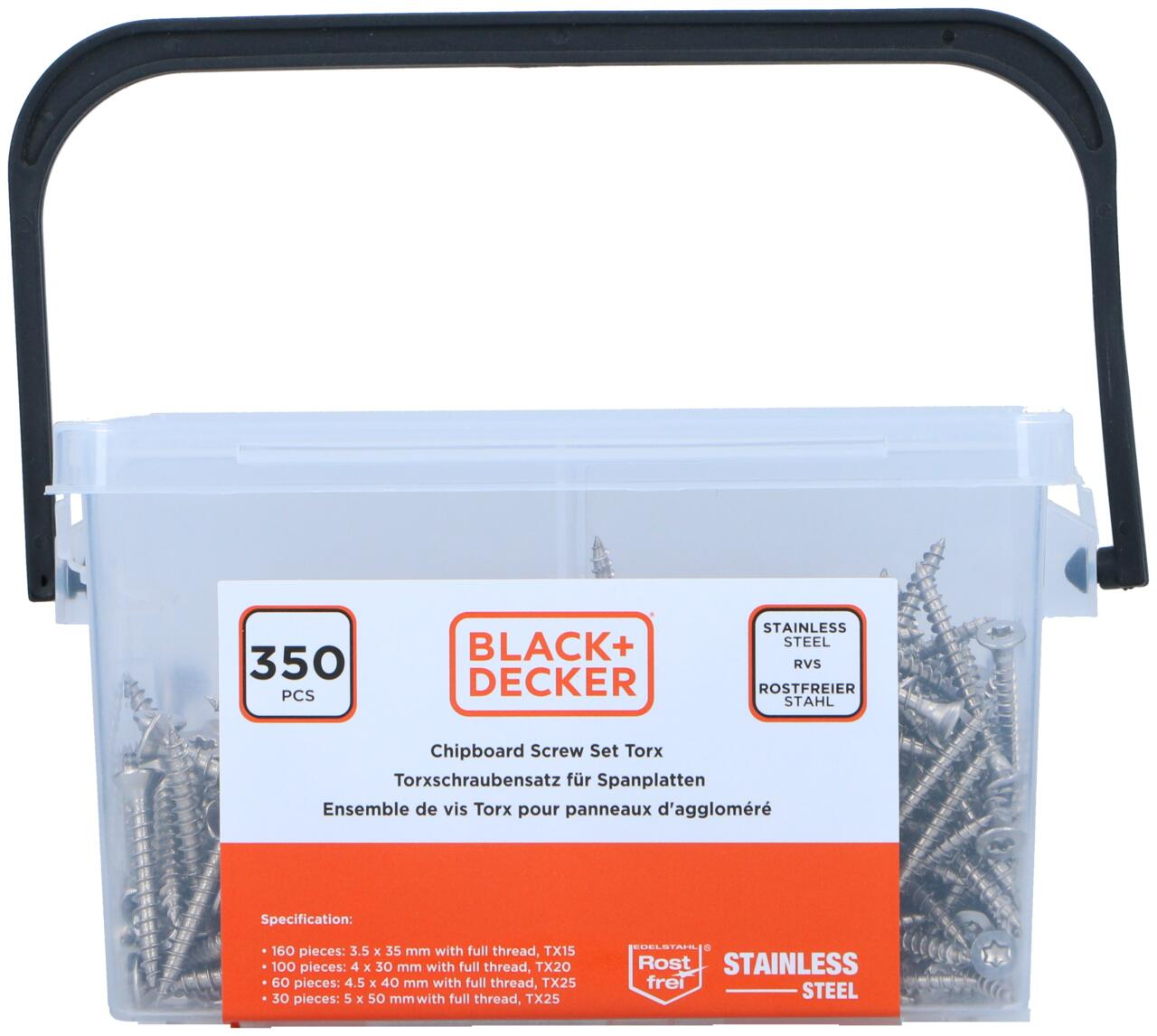 Transparante plastic doos met schroeven, Black+Decker label, 350 stuks, RVS.