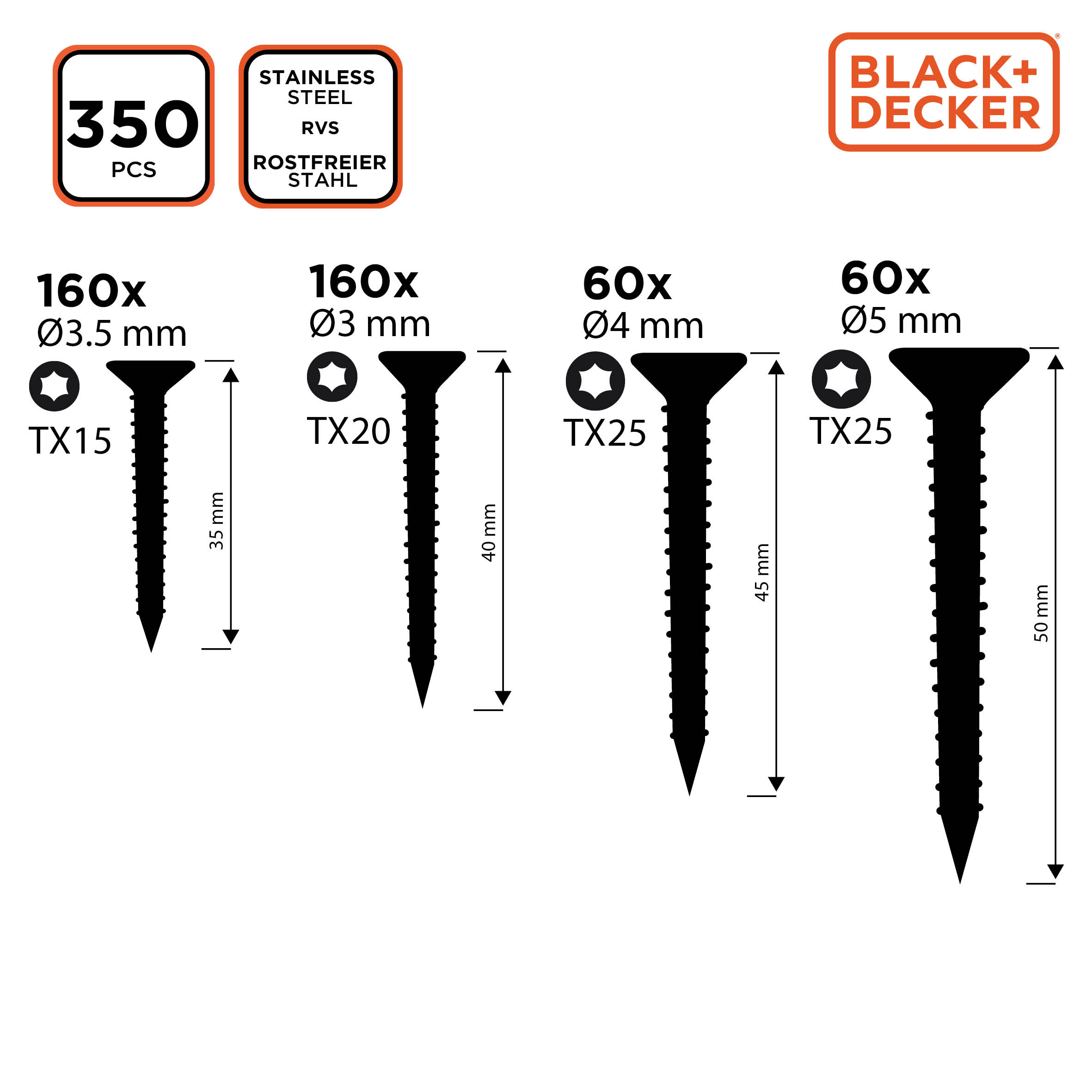 Black and Decker schroeven in verschillende maten. Inclusief schroefaantal, afmetingen en koptypes.
