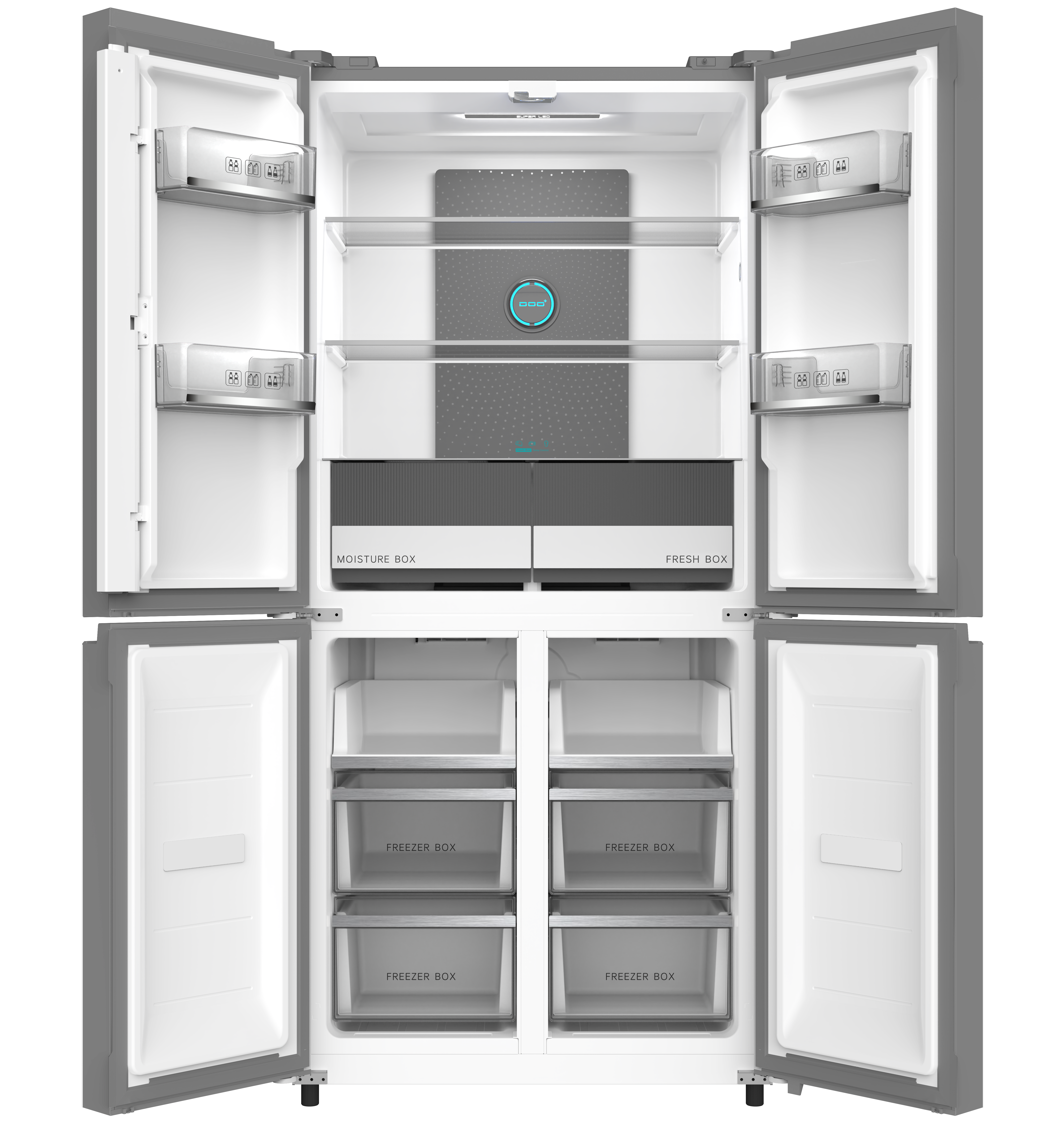 Refrigerador abierto con cuatro puertas. El interior muestra estantes, cajones y un panel de control.