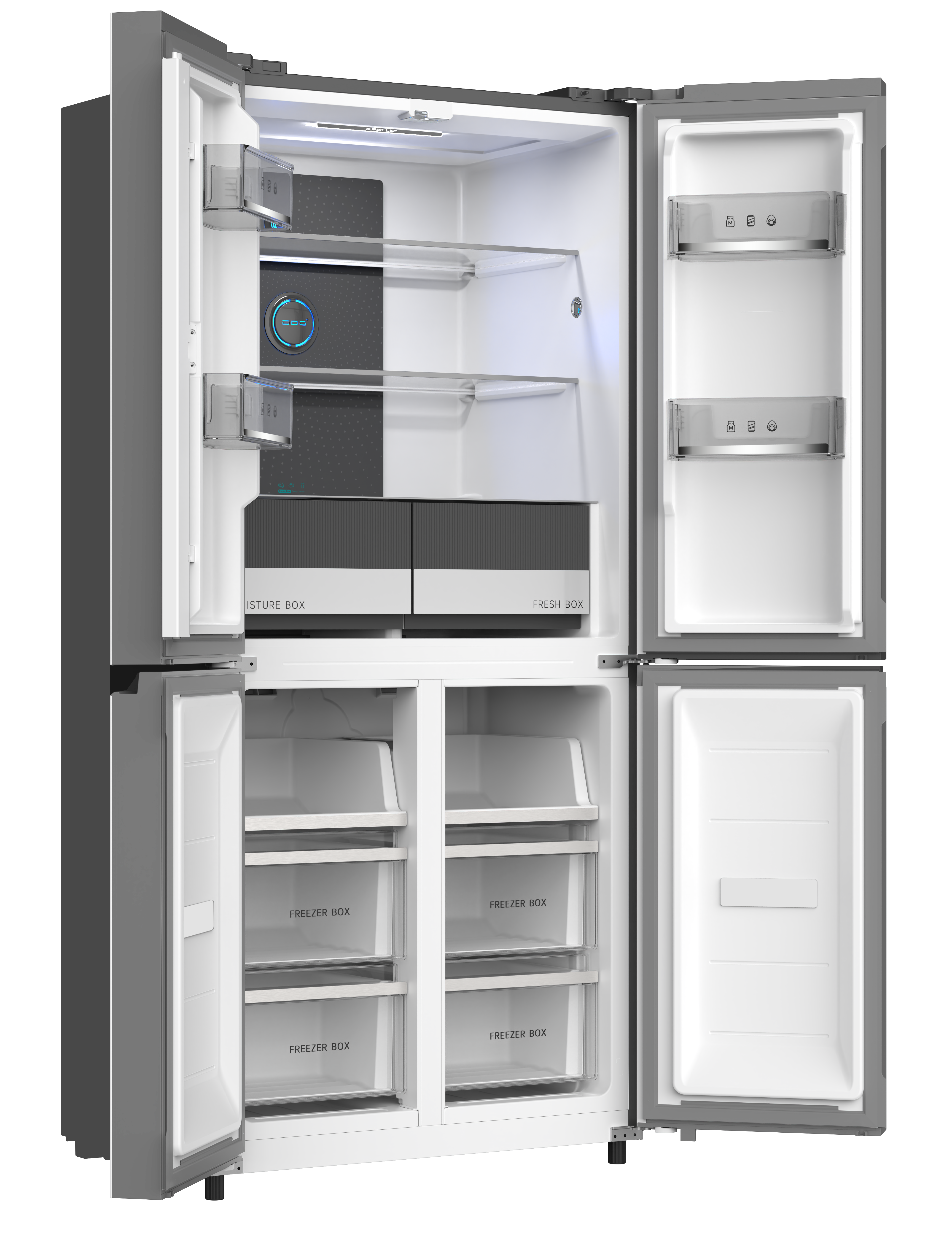 Refrigerador abierto con múltiples compartimentos. Tiene estantes, cajones y un panel de control.