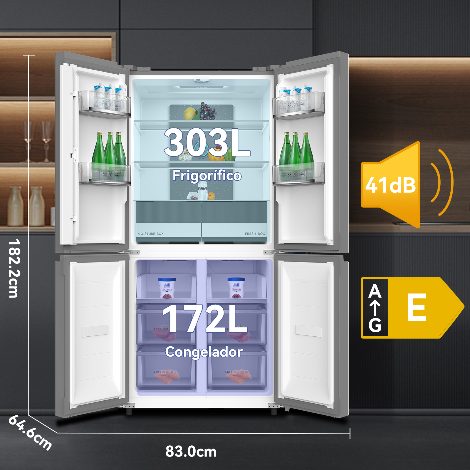 Refrigerador de cuatro puertas con puertas abiertas. 303L frigorífico, 172L congelador.