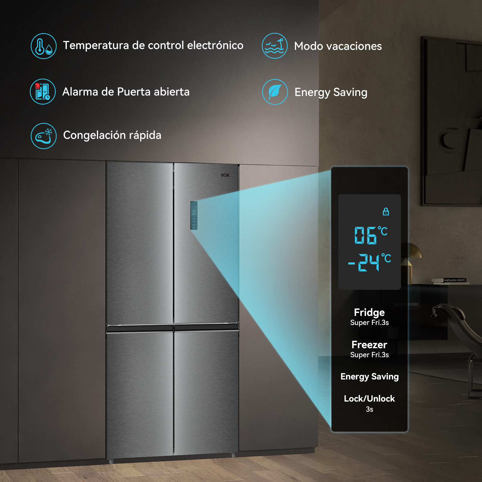 Un refrigerador moderno de color oscuro con una pantalla digital que muestra la temperatura y la configuración. Los iconos son visibles.