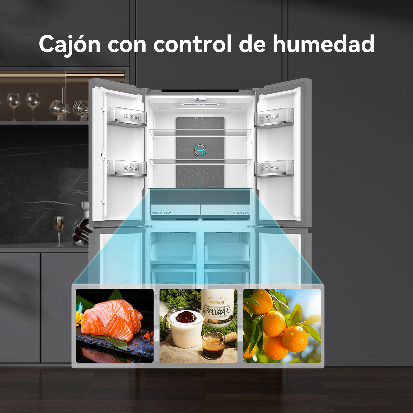 Un refrigerador con las puertas abiertas, mostrando el interior. Tres alimentos se muestran en la parte inferior de la imagen.