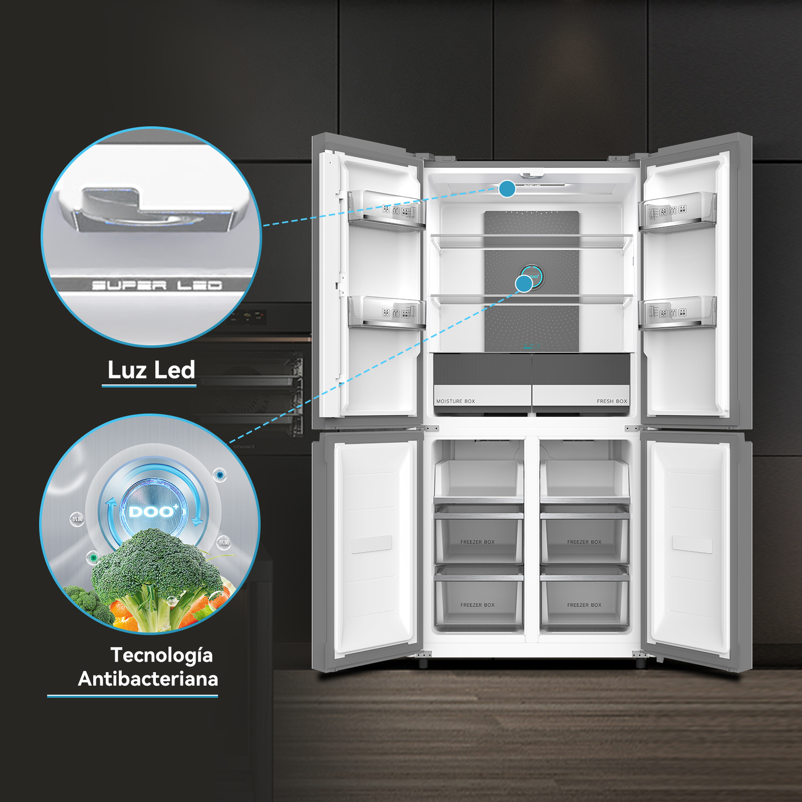 Refrigerador abierto con puertas abiertas. Dentro, hay estantes, cajones y comida. Primer plano muestra LED y tecnología antibacteriana.