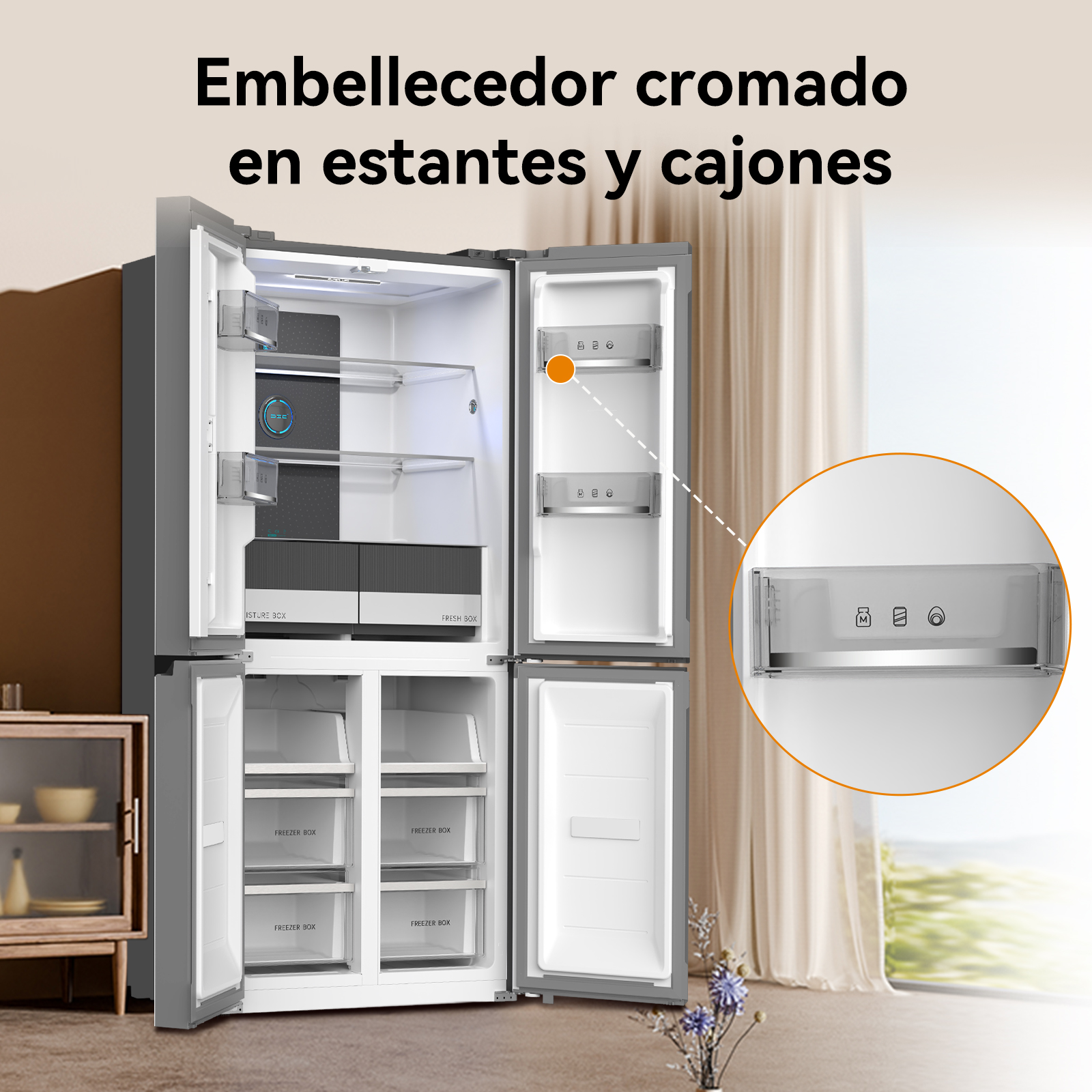Refrigerador con puertas abiertas mostrando estantes y cajones. Un primer plano muestra el interior.