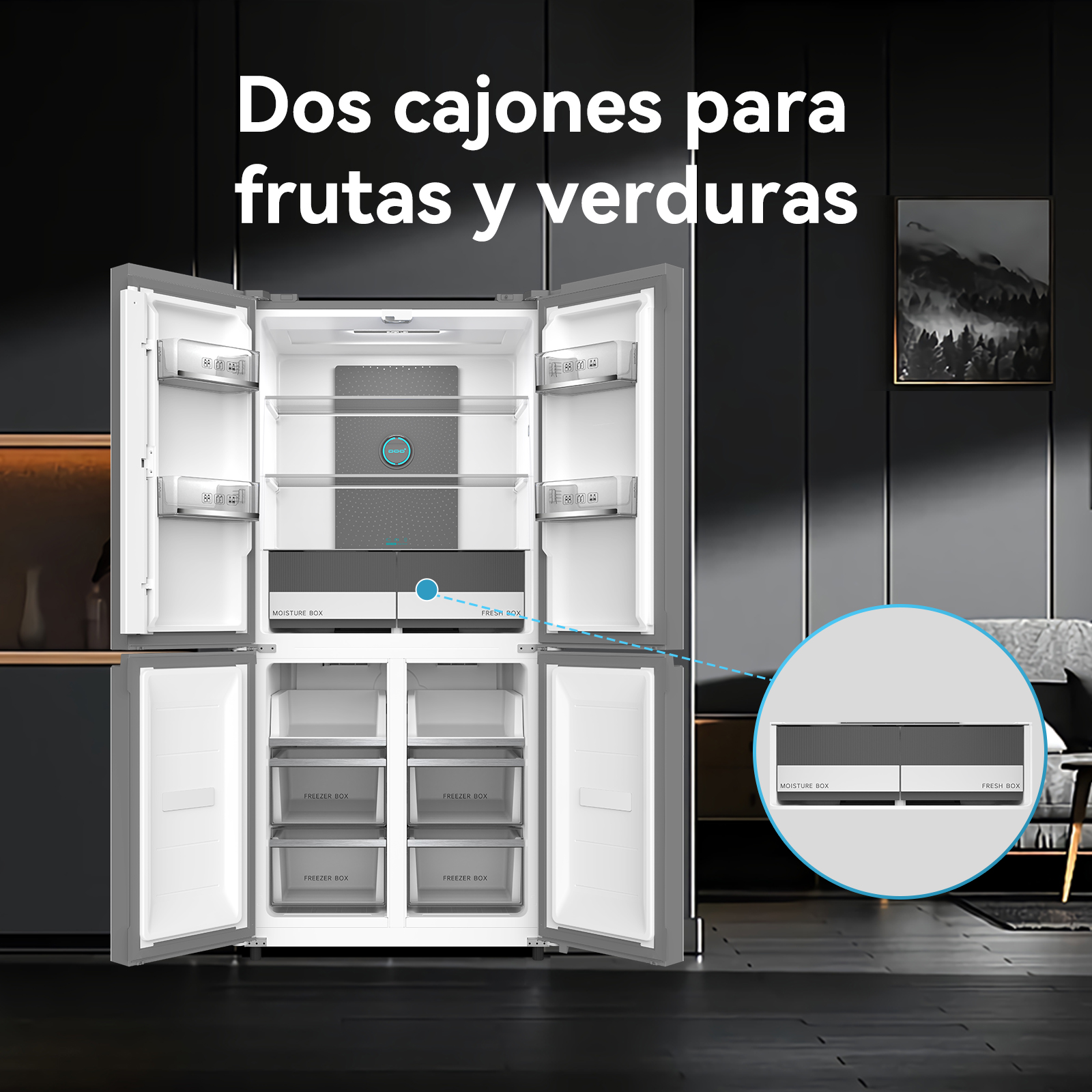 Refrigerador abierto con dos cajones etiquetados "Moisture Box" y "Fresh Box".