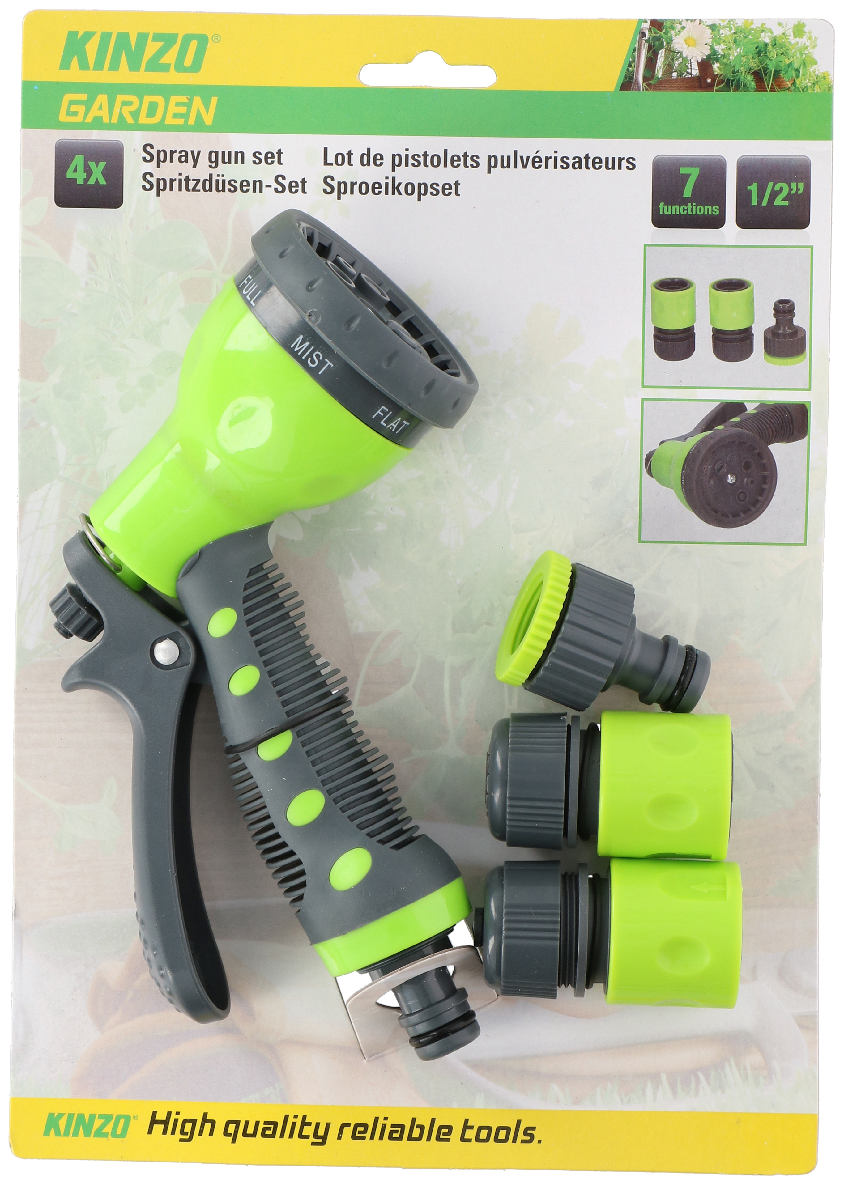 Spuitpistoolset met opzetstukken. Groene en grijze onderdelen. 7 functies, 4 spuitpistolen. Tuin scène.