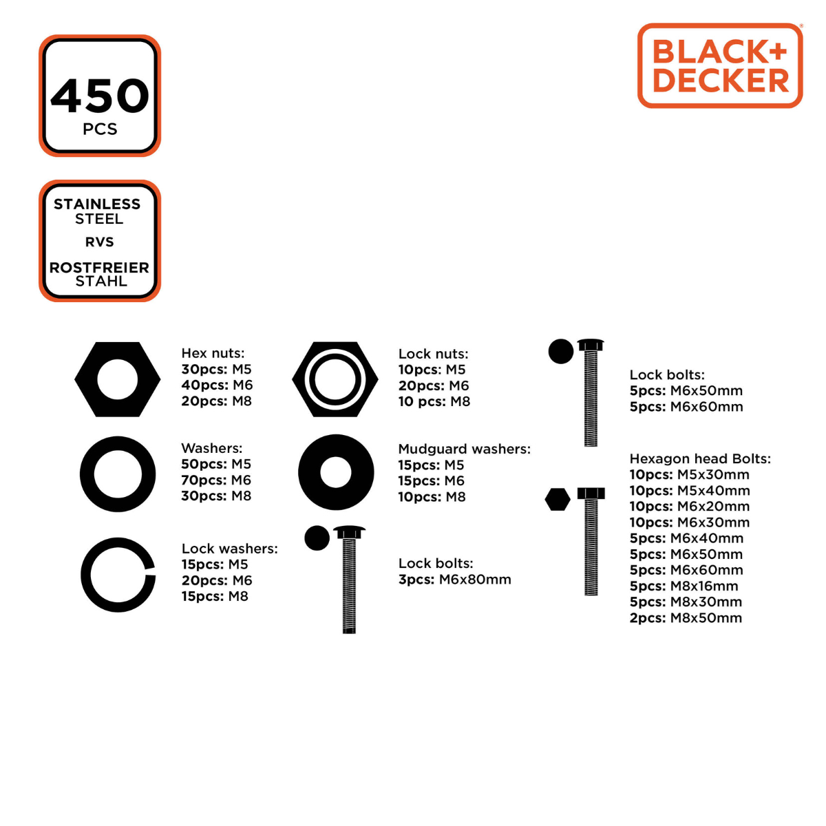 Assortiment metalen hardware onderdelen. Labels: 450 stuks, RVS en diverse details.