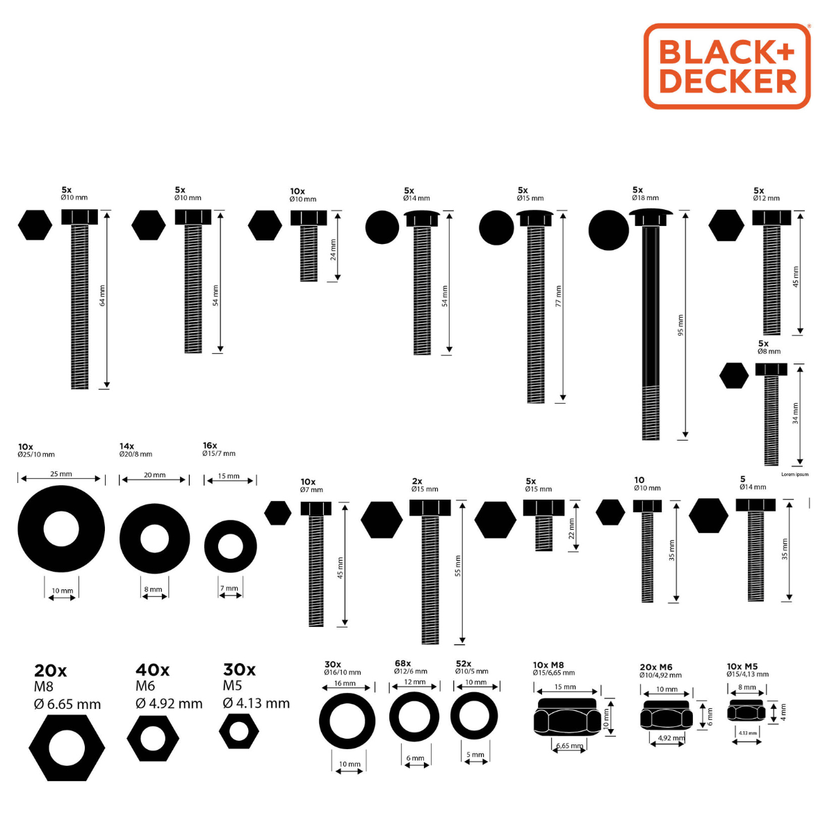 Black and Decker bouten, moeren en ringen in verschillende maten. Inclusief afmetingen en hoeveelheden.