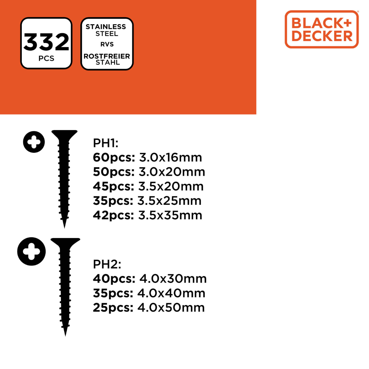 Diagram van schroeven met maten en hoeveelheden, met 'BLACK+DECKER' logo.