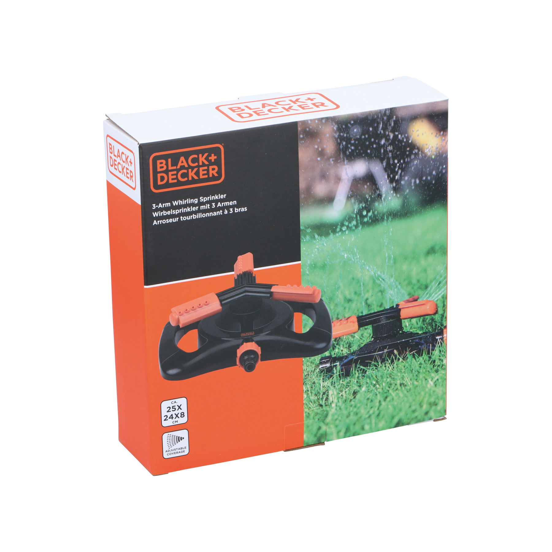 Black+Decker 3-armige draaiende sproeierdoos met oranje en zwart ontwerp, op gras.
