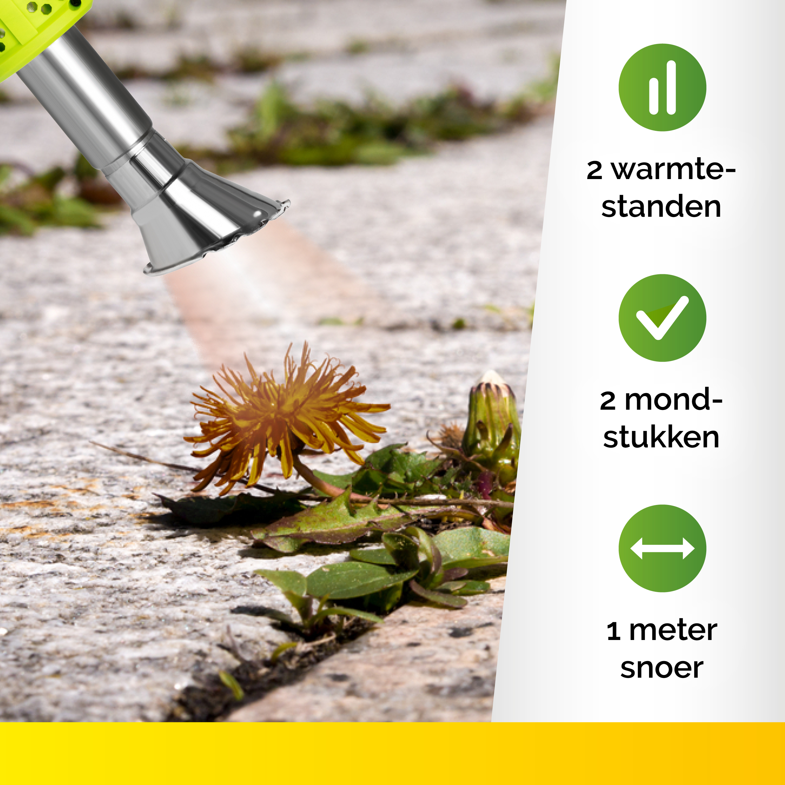 Un outil brûlant des mauvaises herbes. L'image montre l'outil, les mauvaises herbes et le béton.