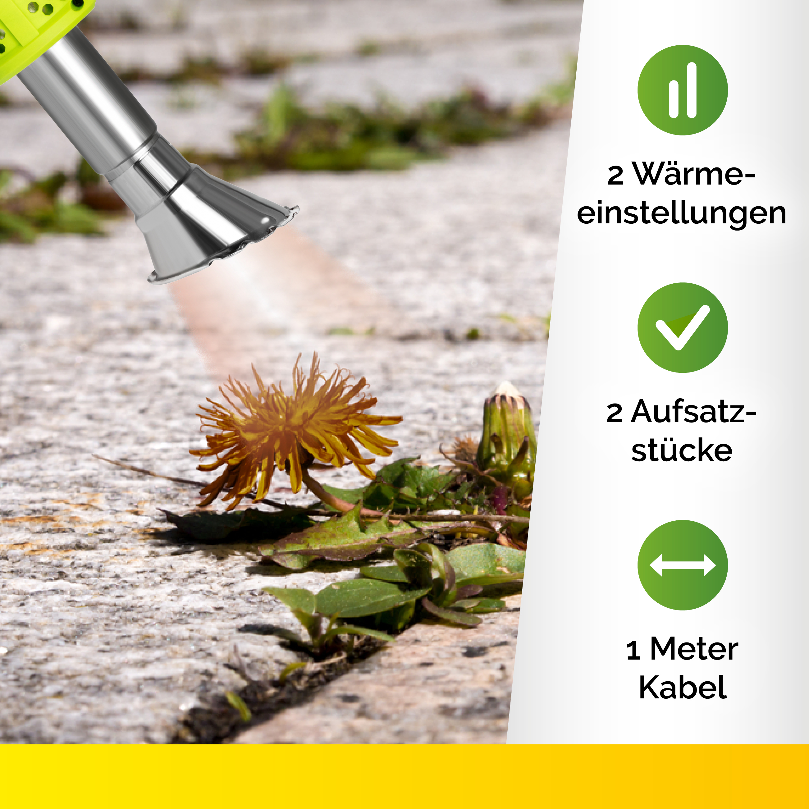 Brûleur de mauvaises herbes sur une surface en béton. Fleur jaune et mauvaises herbes présentes. Texte: 2 réglages.