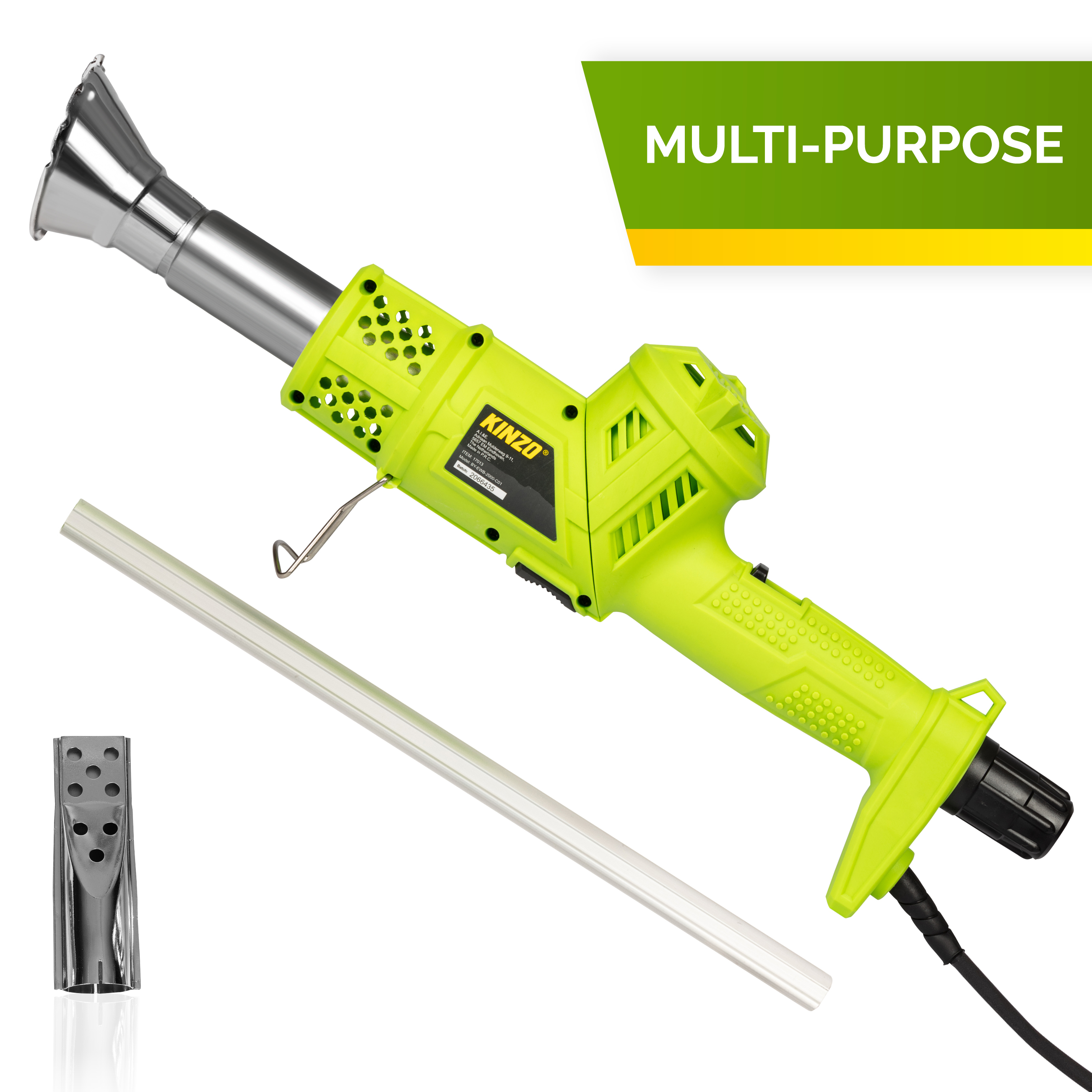 Pistolet thermique vert avec accessoires et une barre blanche sur fond blanc.
