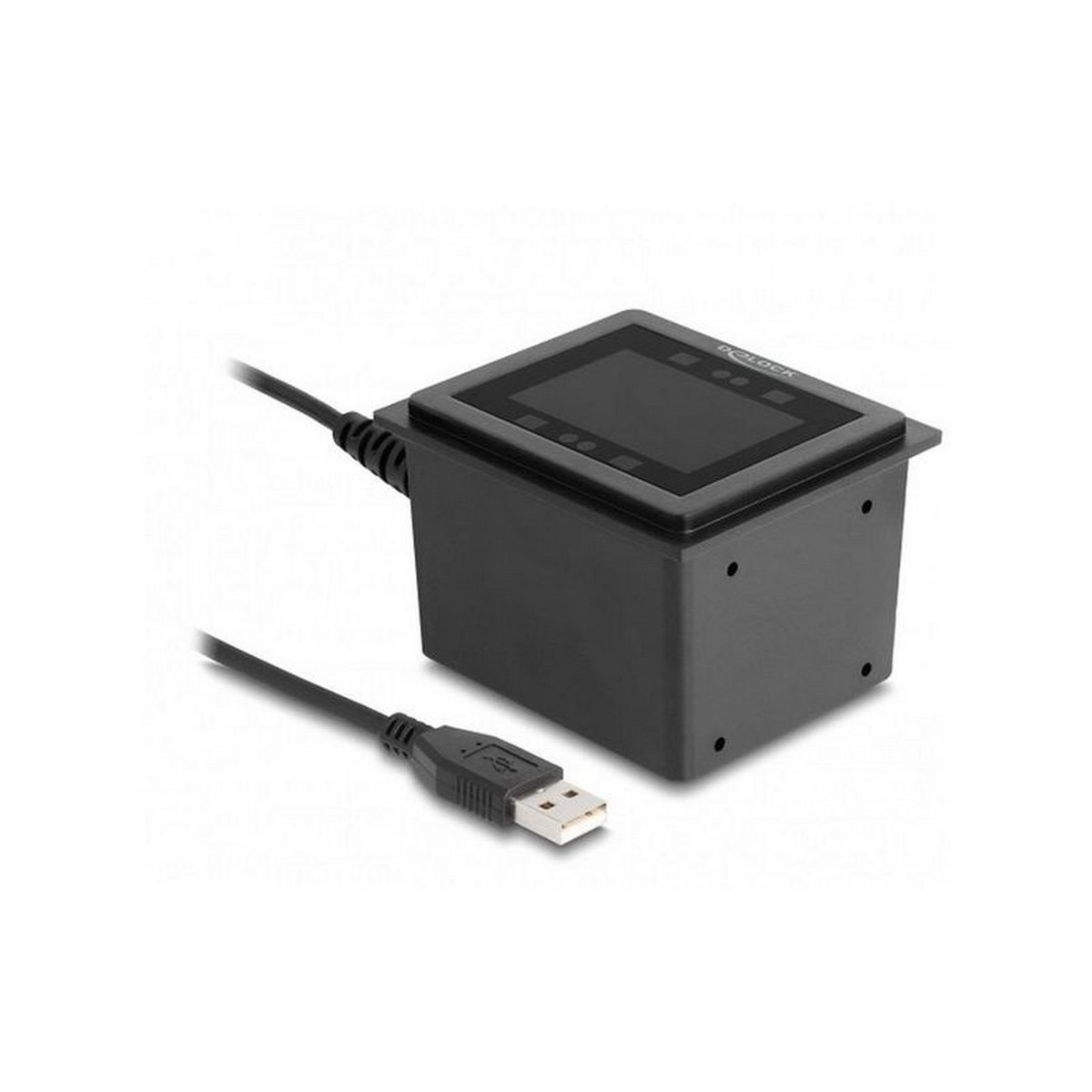 Schwarzes Gerät mit Bildschirm und USB-Kabel. Weißer Hintergrund.