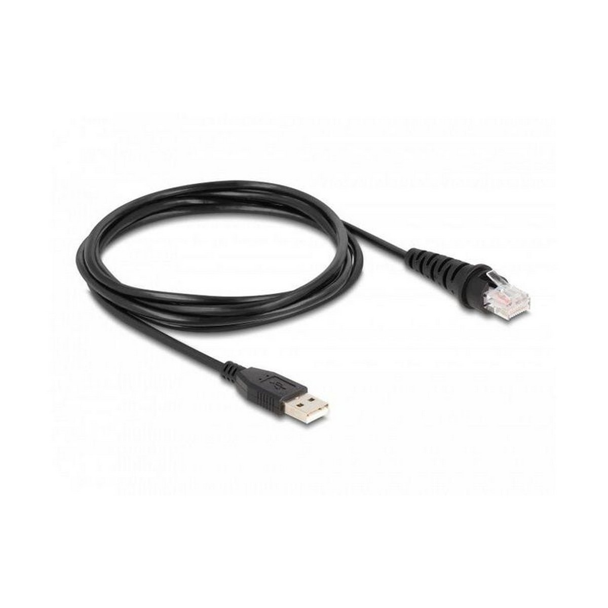 Schwarzes USB-zu-Ethernet-Kabel, auf einer weißen Oberfläche aufgerollt. Beide Enden sind sichtbar.