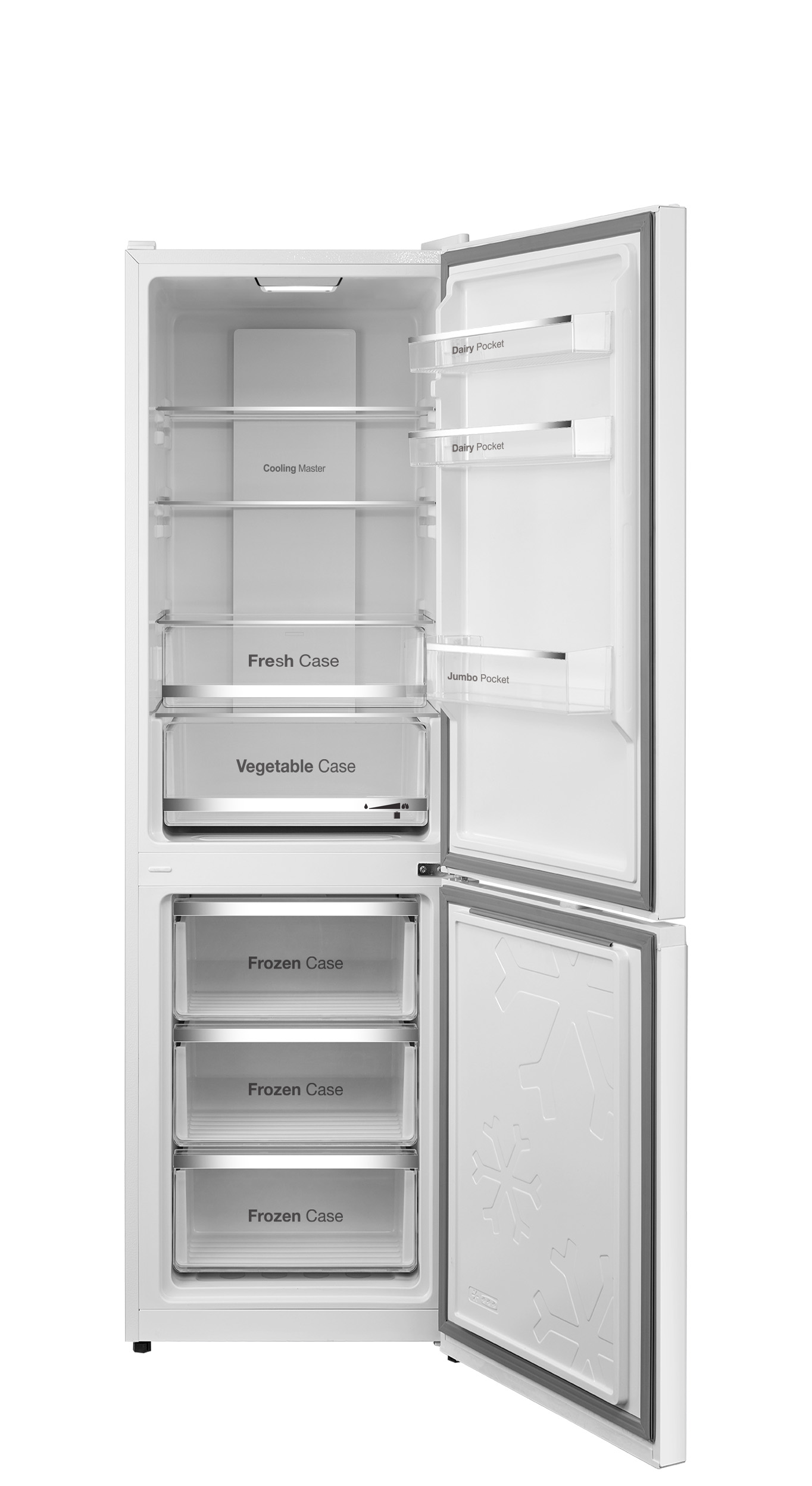 Nevera blanca abierta mostrando estantes y cajones. Puertas abiertas. Etiquetas: maestro de enfriamiento, caja fresca, caja de verduras, caja congelada.