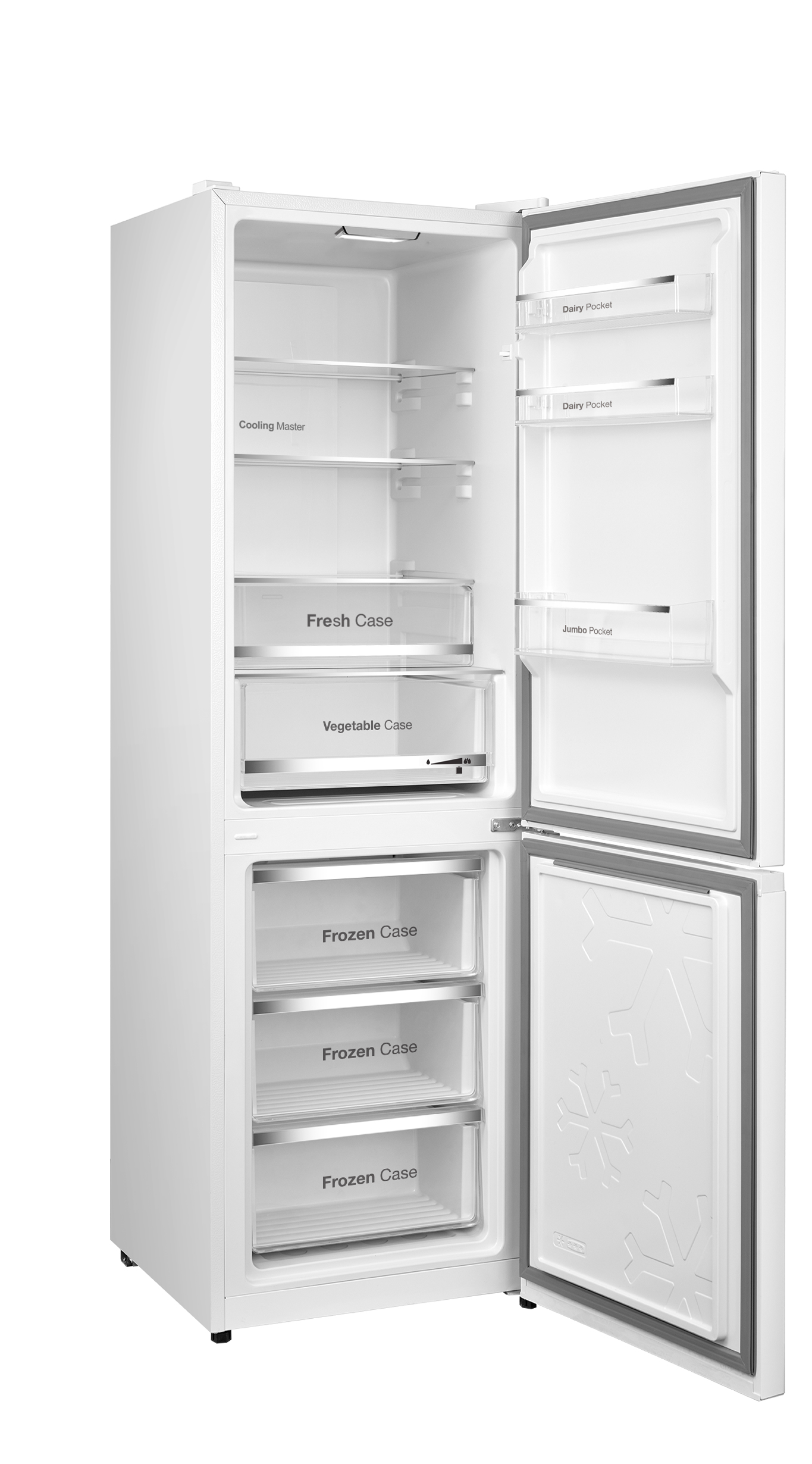 Un refrigerador blanco con la puerta abierta que muestra estantes, cajones y compartimentos.