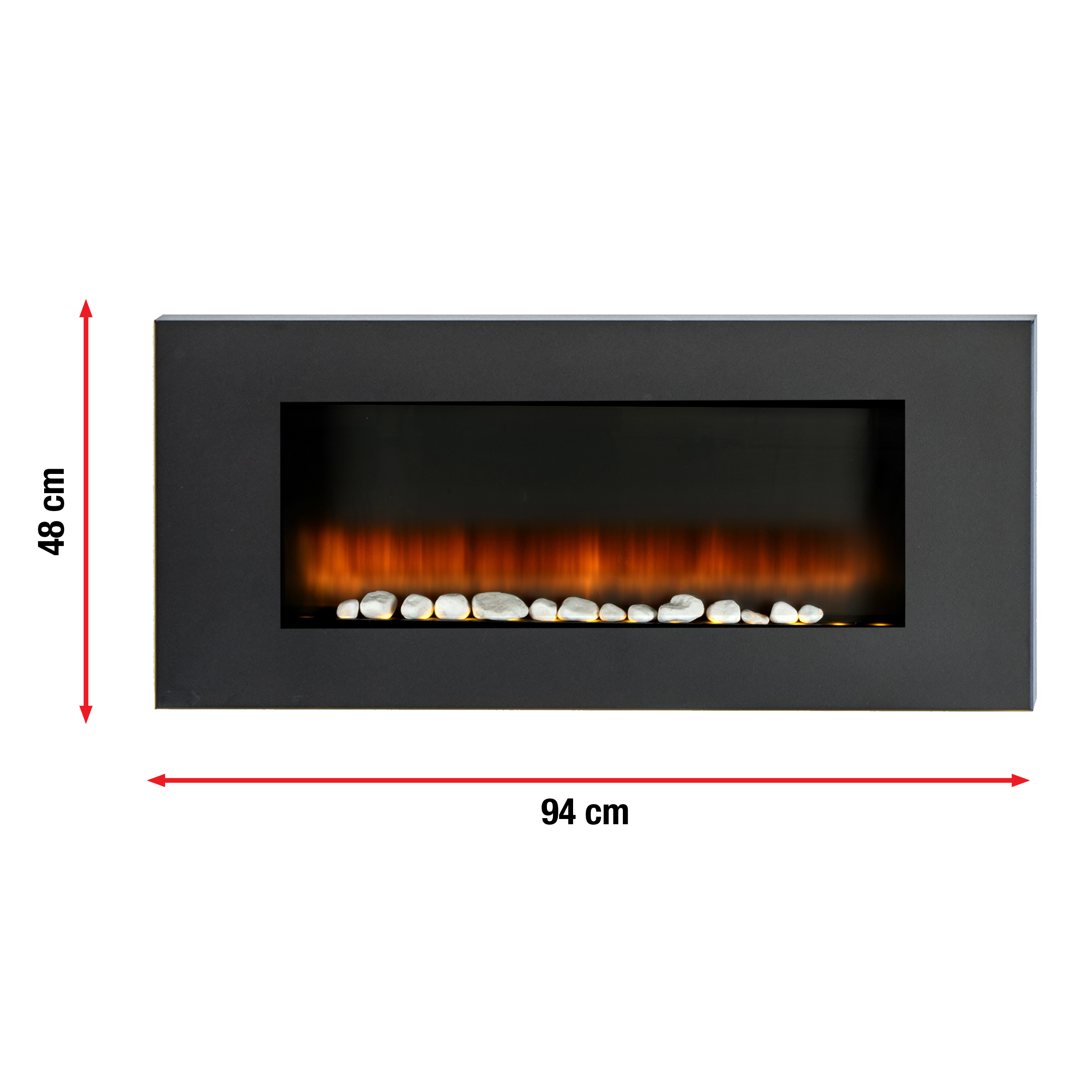 Lange, zwarte, aan de muur gemonteerde open haard met een gloeiend vuureffect. Afmetingen worden getoond.