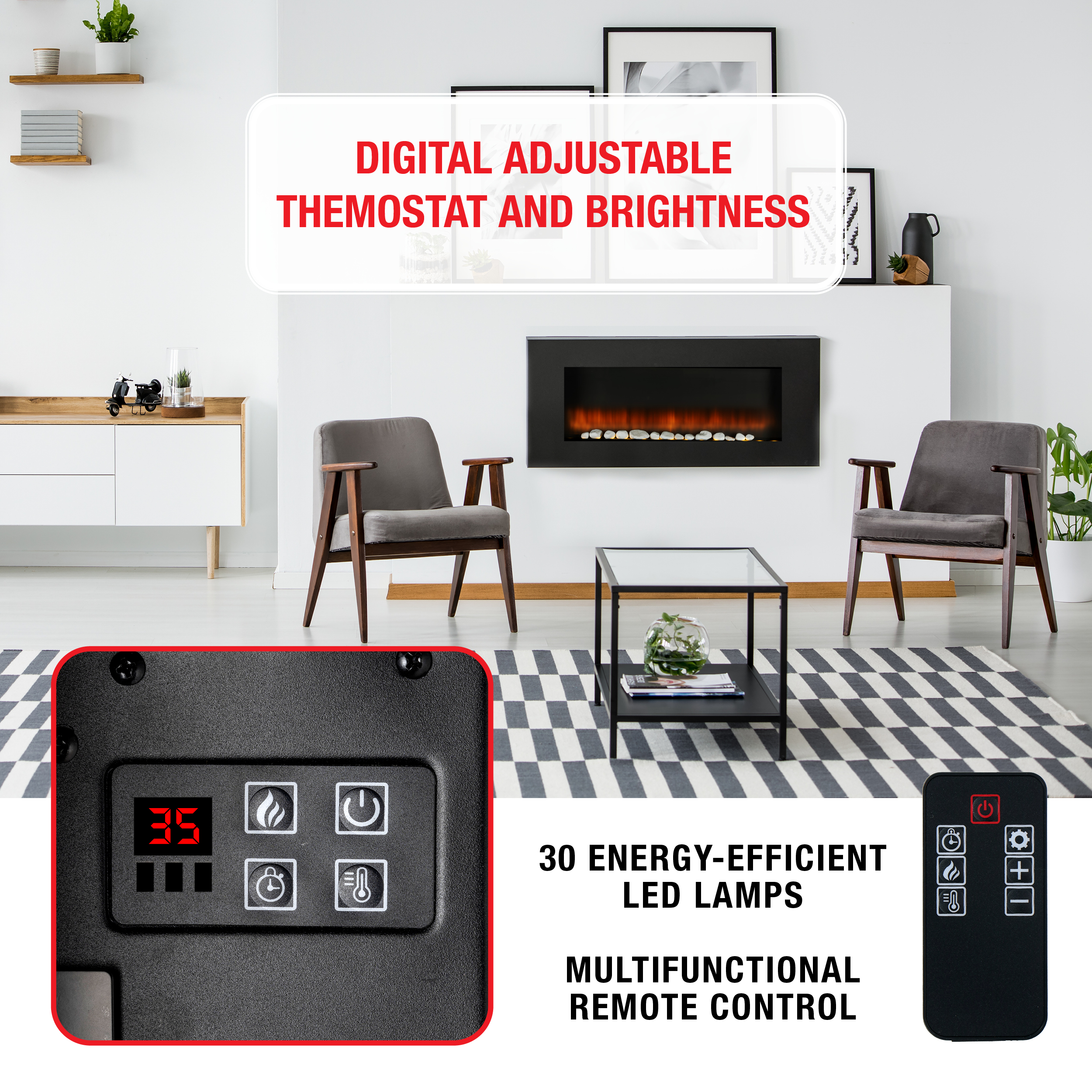 Woonkamer met open haard. Digitaal instelbare thermostaat en helderheid. Afstandsbediening.