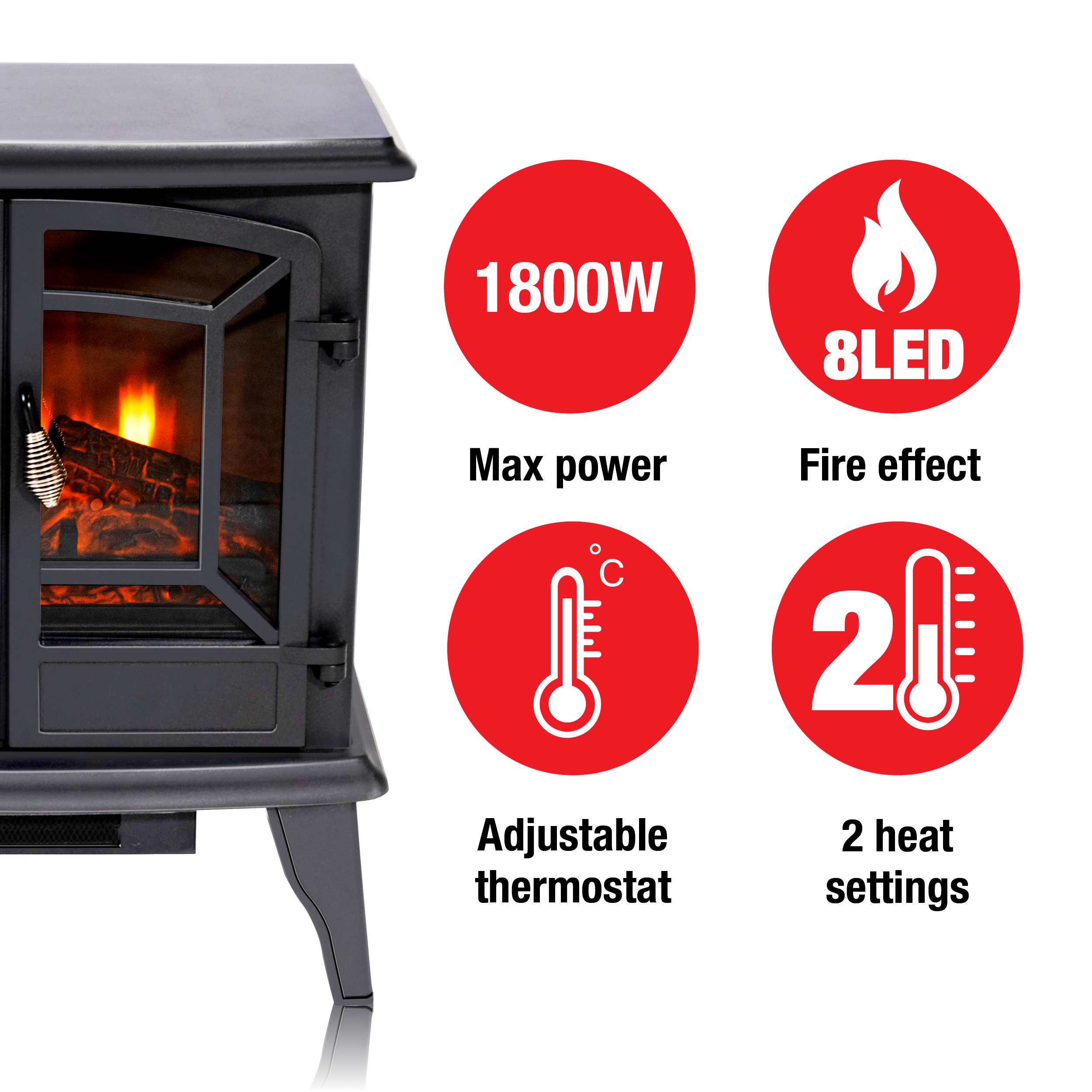 Zwarte elektrische open haard. Toont bedieningselementen voor maximaal vermogen, warmte-instellingen en vuureffect.