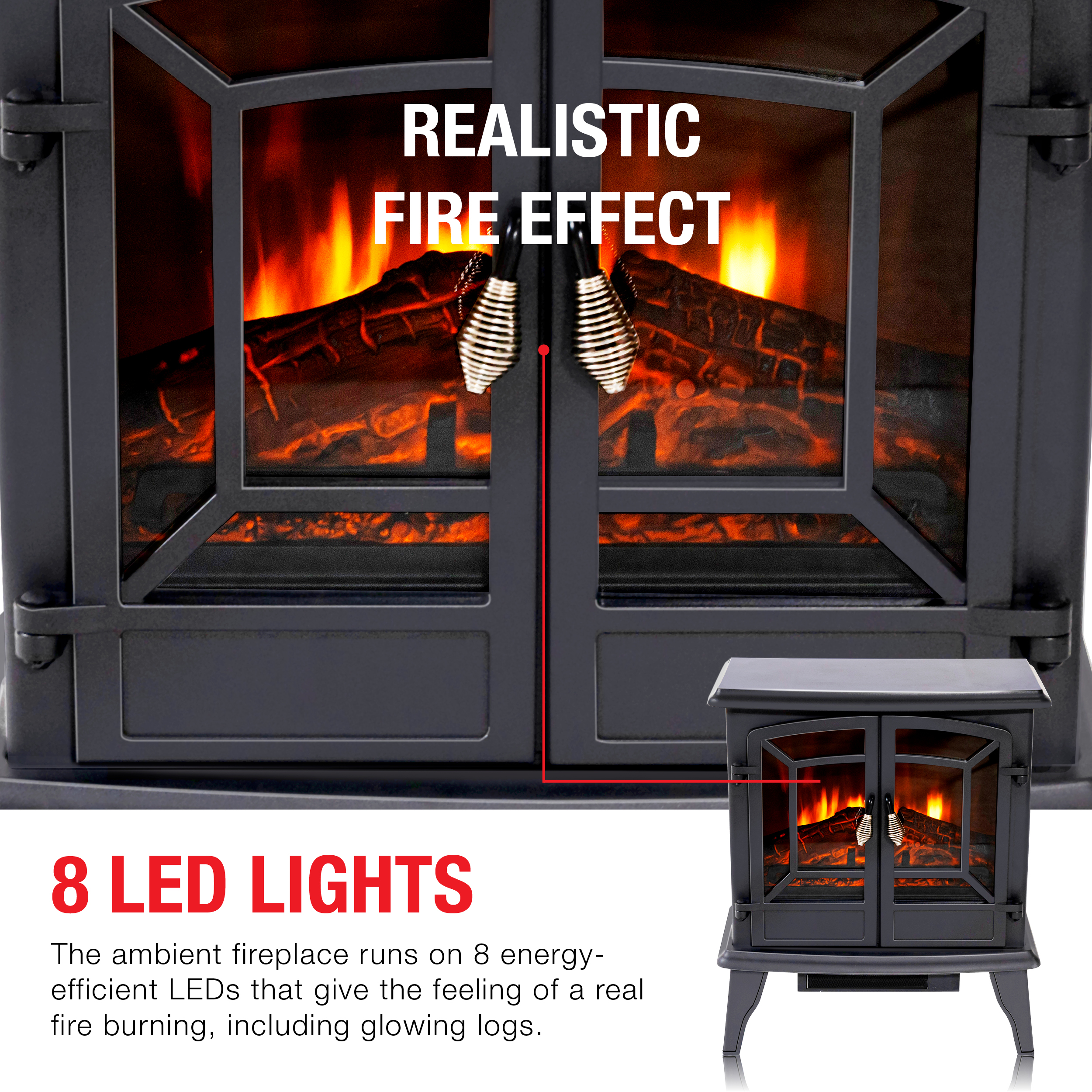 Zwarte open haard met realistisch vuureffect en 8 LED-lampen.