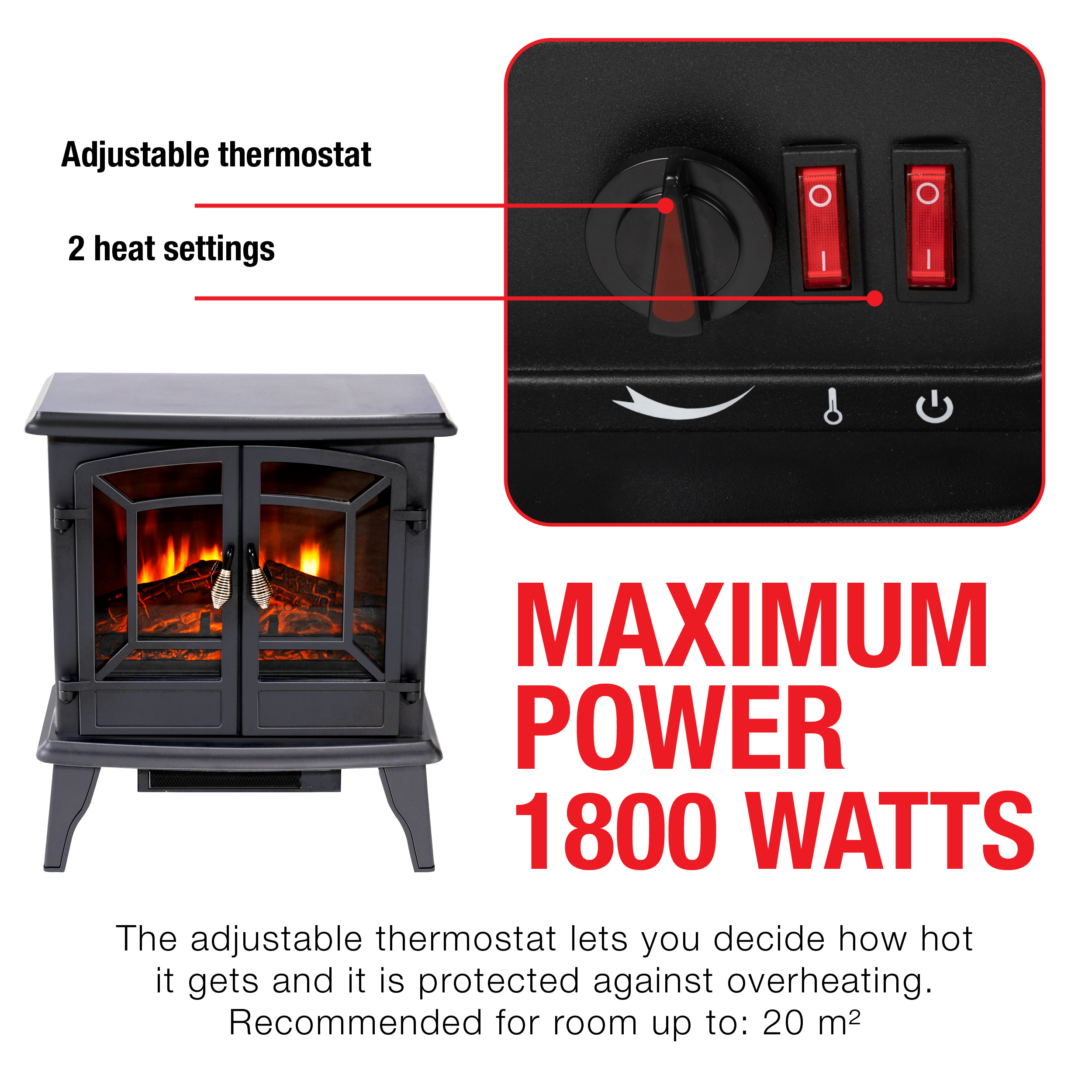 Elektrische open haard met thermostaat en twee warmtestanden. Maximaal vermogen 1800 watt.