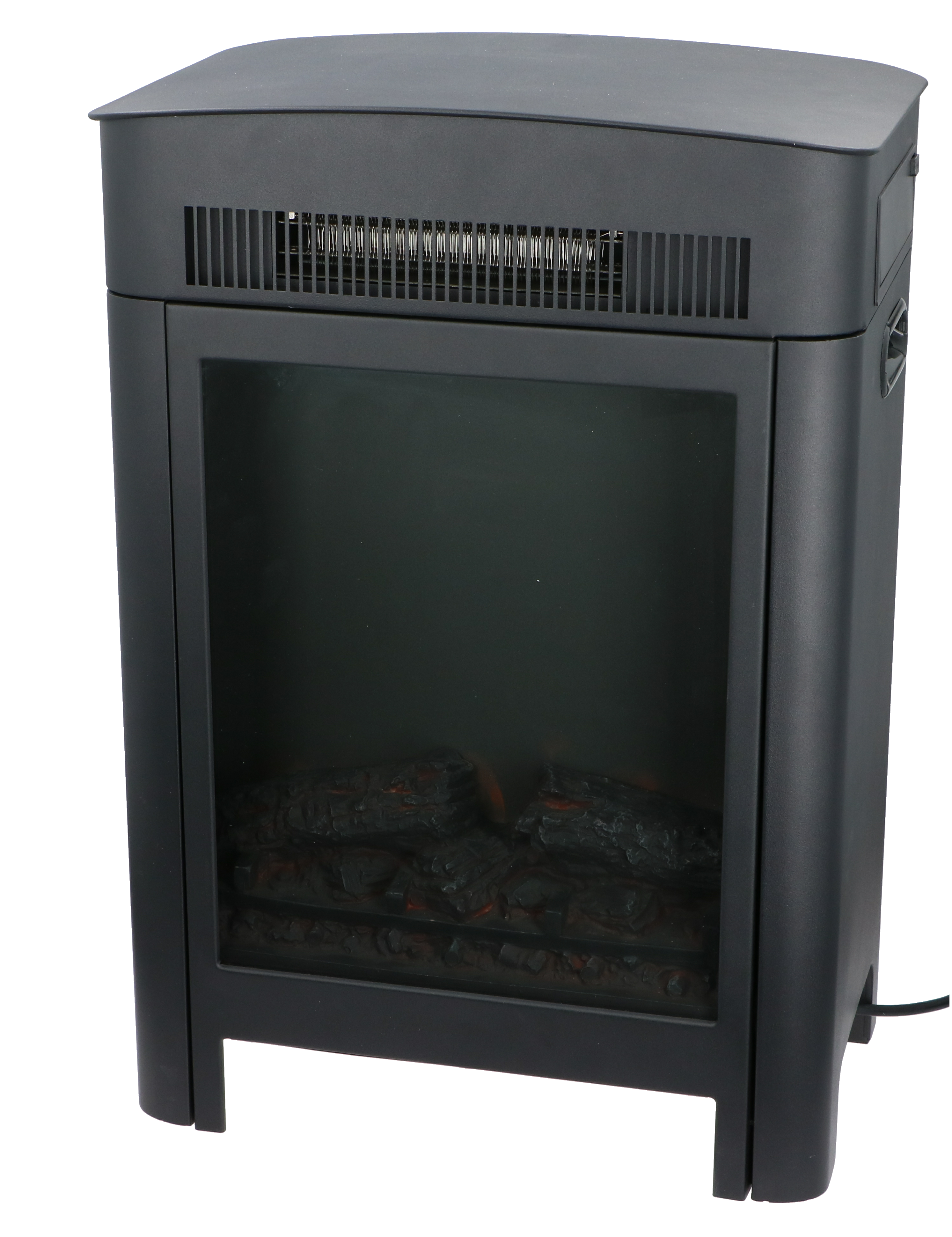 Zwarte elektrische open haard met glazen voorkant, toont vlameffect en ventilatie.