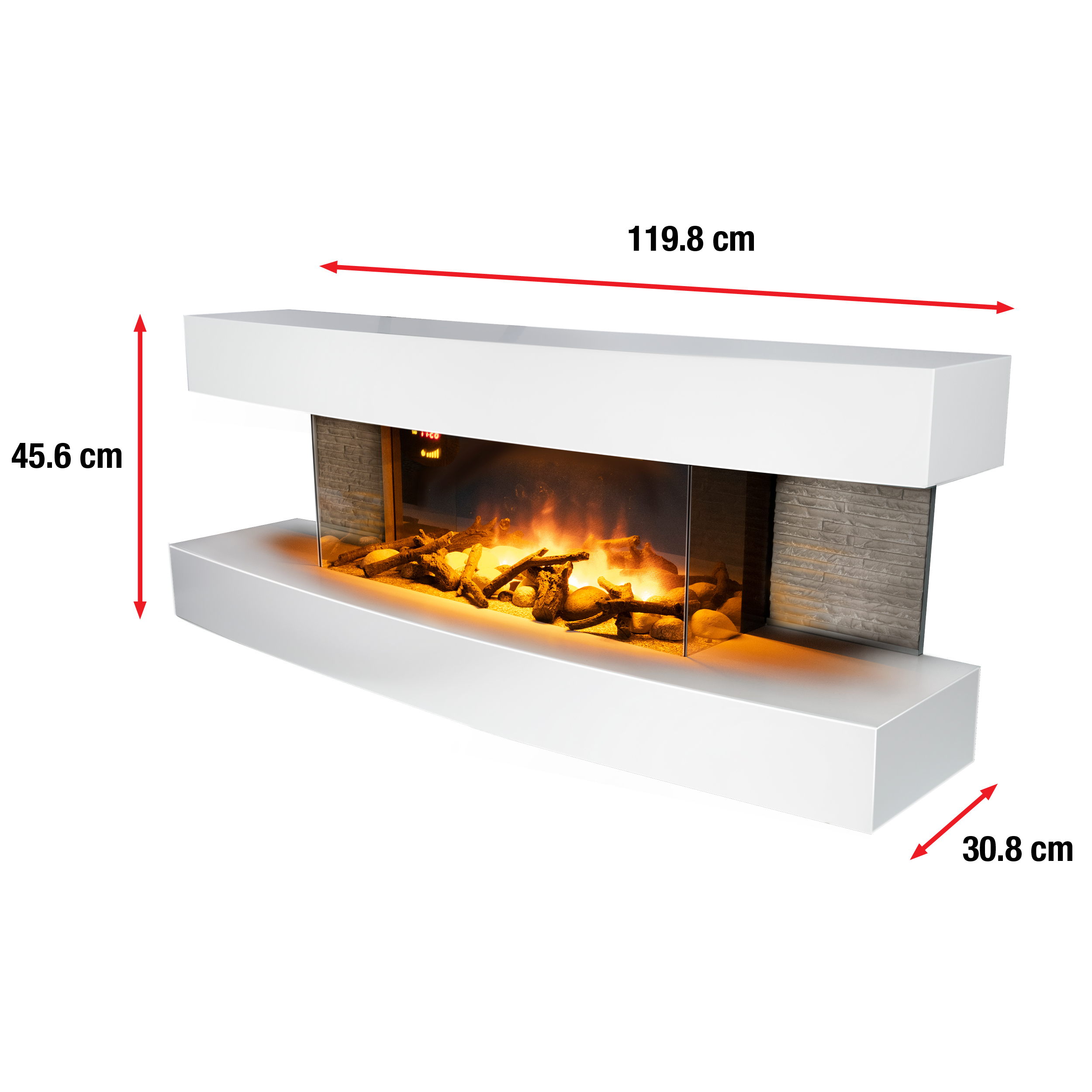 Een moderne witte elektrische haard met afmetingen wordt getoond op een witte achtergrond.