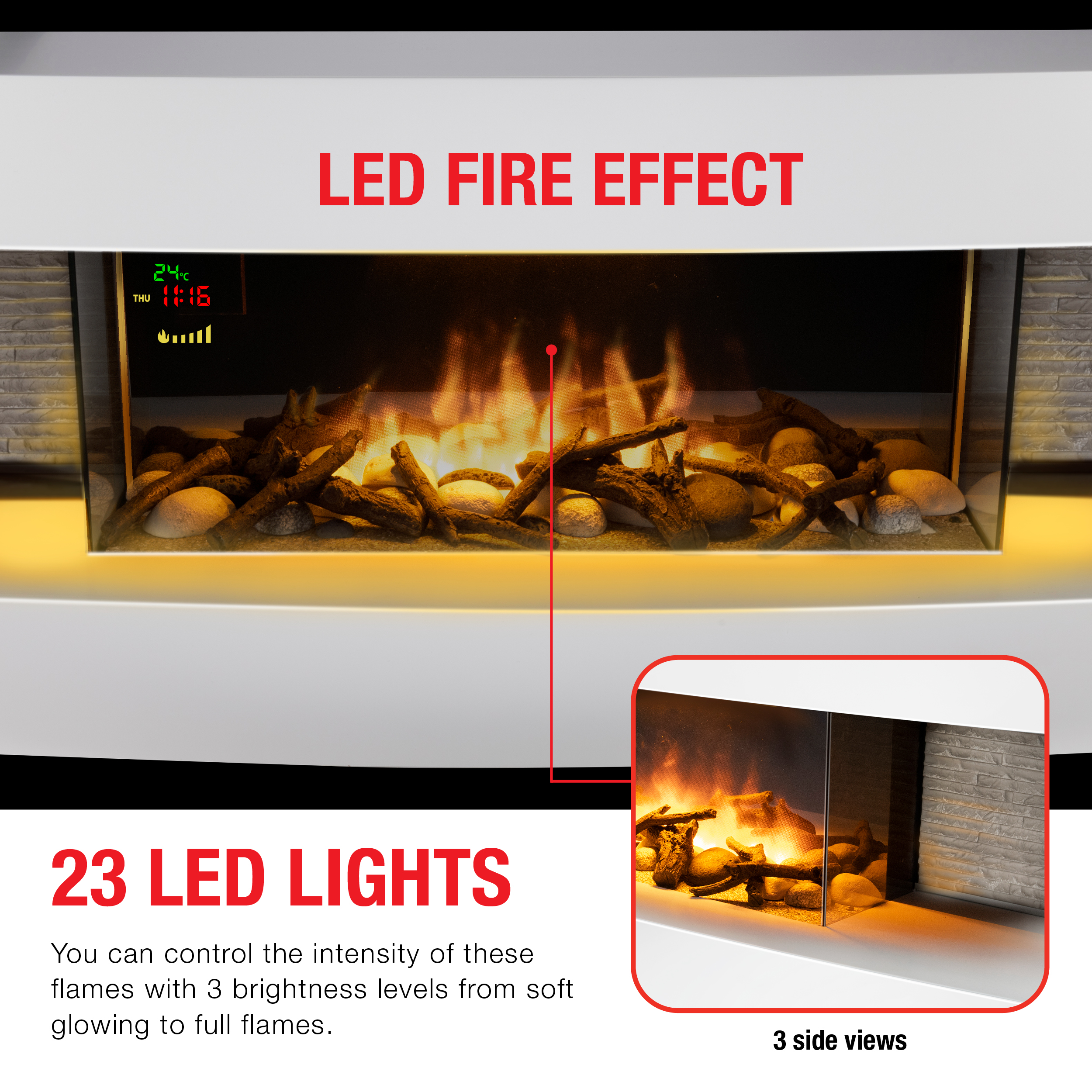 Wit LED-vuureffect. Tekst luidt "LED-vuureffect" en "23 LED-lampen".